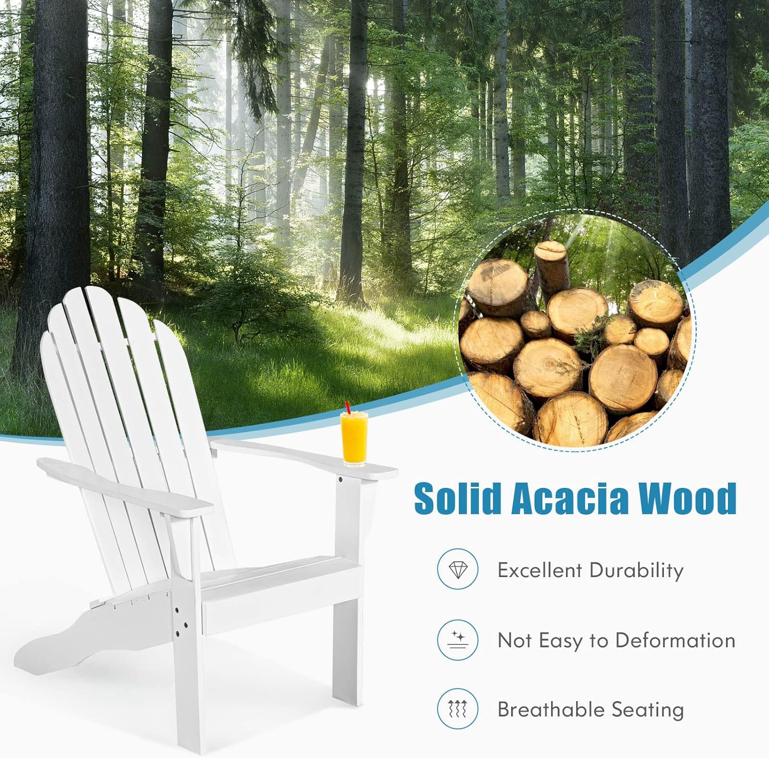 RELAX4LIFE Adirondack Chair, Acacia Wood Adirondack Lounge Chair, Weather Resistant Outdoor Chair for Patio Garden Yard Porch Deck, 350 LBS Weight Capacity, Wooden Fire Pit Chairs (1, White)