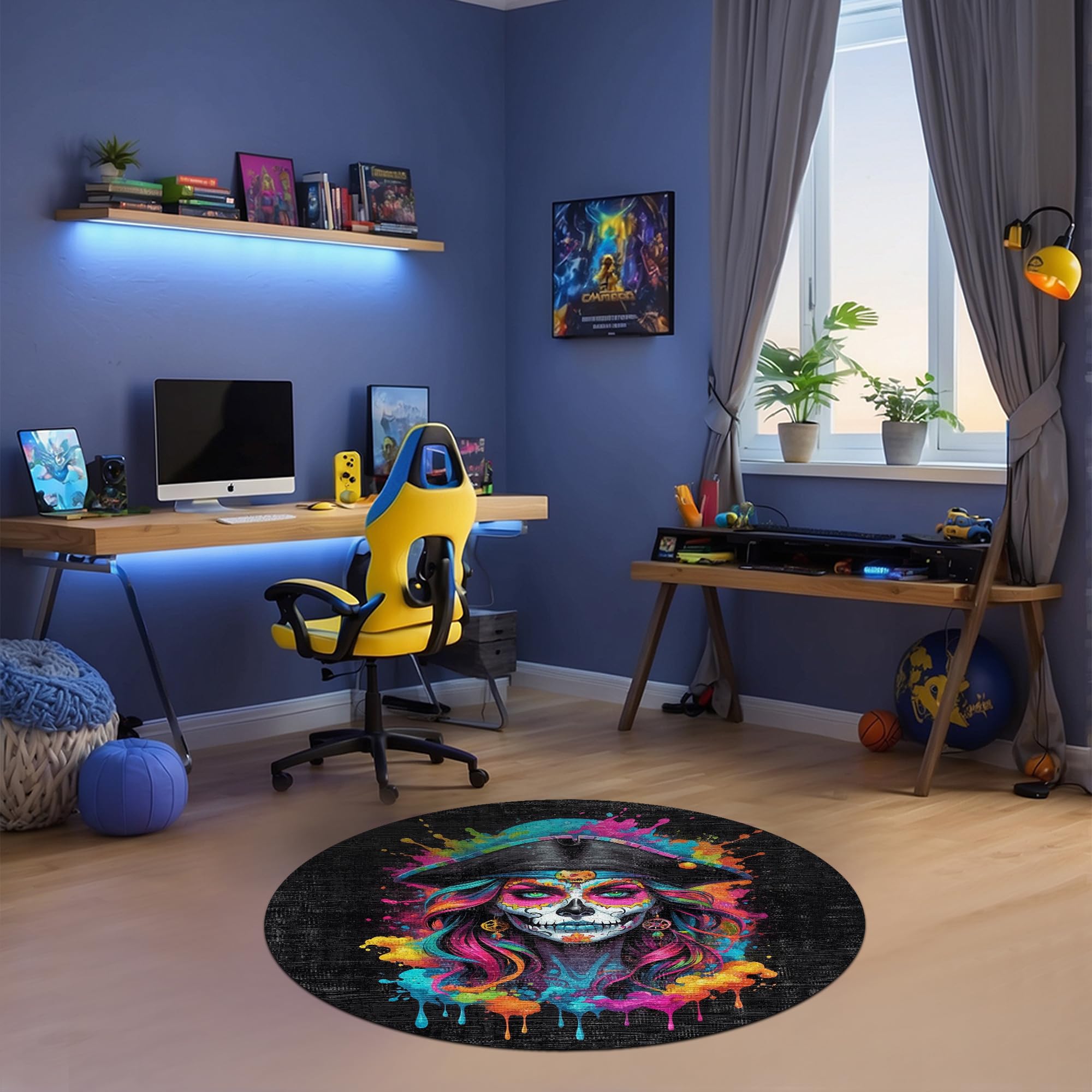 Depoba Mosai Kadife Oyuncu Odası Halısı Kaymaz Pamuk Tabanlı Yıkanabilir Antibakteriyel Yuvarlak Gamer, Gaming Halısı 100x100