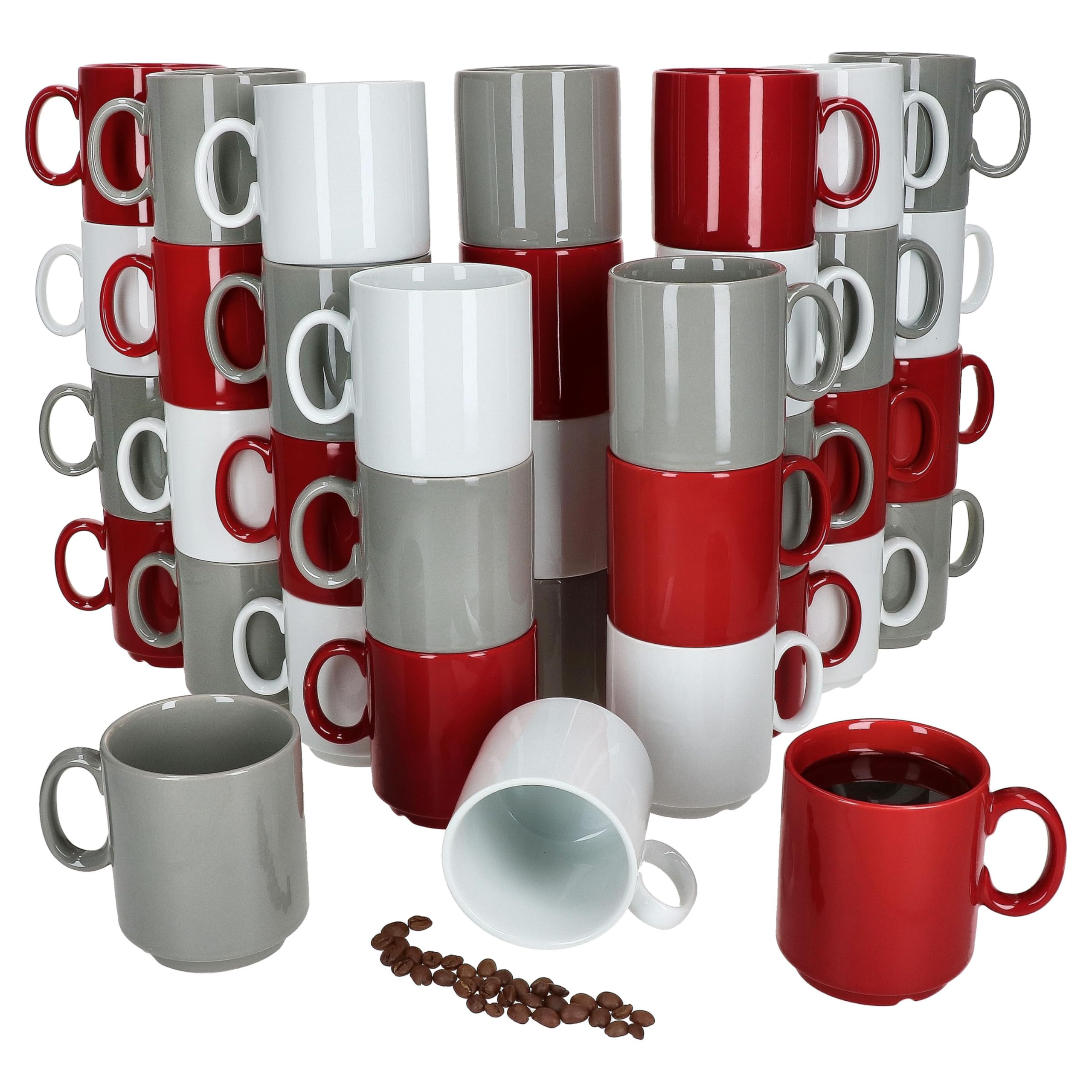 MamboCat Event Trio 36er Set Kaffeebecher I 250 ml I graue, rote & weiße Porzellan-Becher mit Henkel I 36 Personen I stapelbare Tassen für Tee, Kakao, Latte Macchiato & Co I Kaffee-Geschirr