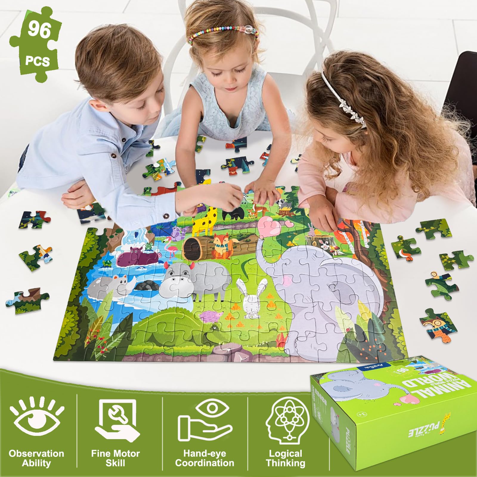 Puzzle dla dzieci od 4, 5, 6 lat, 96 elementów, puzzle podłogowe, świat zwierząt, duże puzzle dla dzieci, prostokątne, puzzle dla chłopców i dziewczynek, prezent dla dzieci w wieku 3-7 lat
