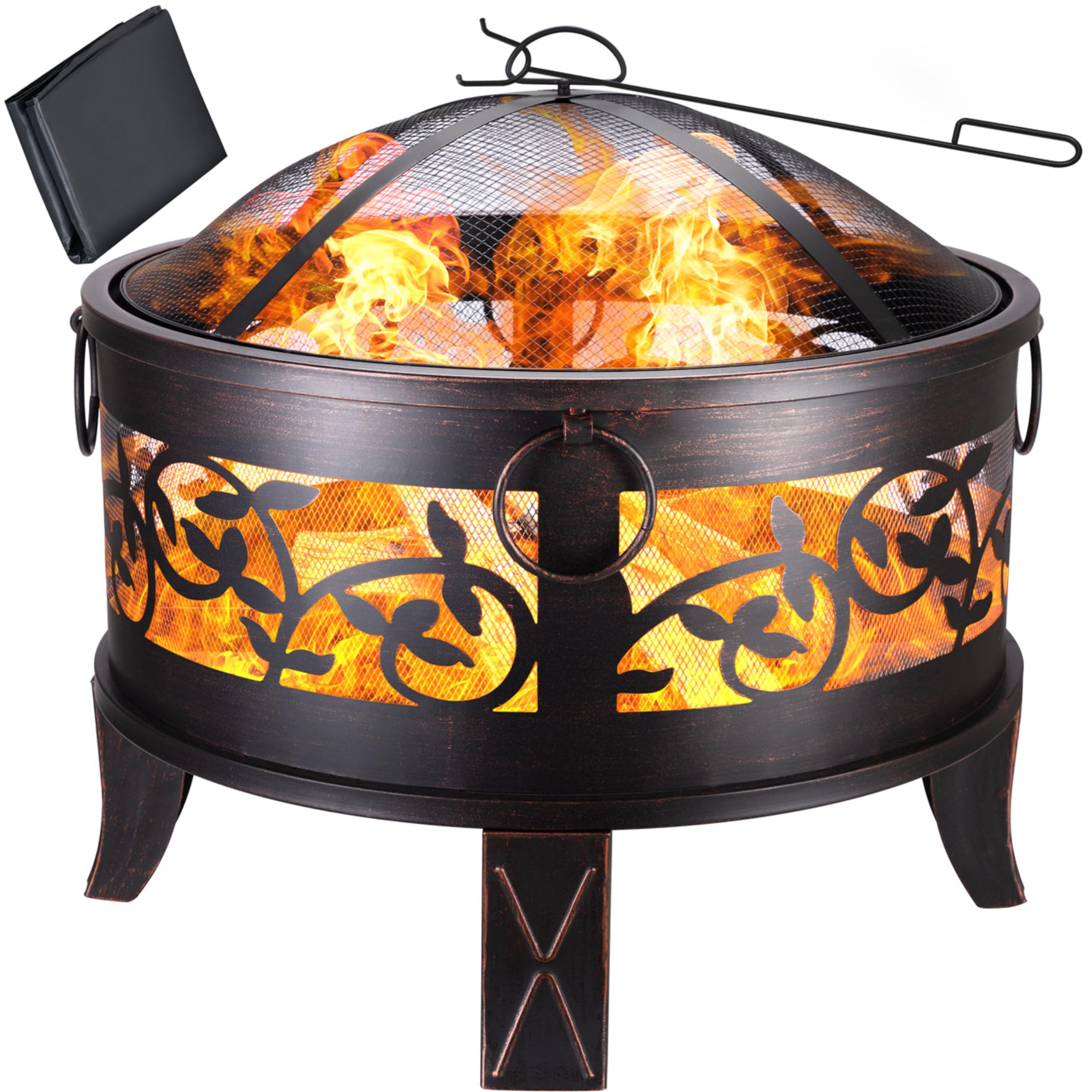 GARDEBRUK® Round Fire Pit for Garden BBQ, 67cm Portable Firepit & Charcoal Barbecue Bowl, Heavy Duty Outdoor Heater with Fire Guard, Poker & Cover, Wood Burner Log Camping Stove, Black Bronze