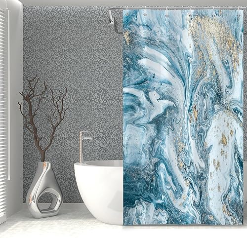 Miniatura 3 de Cortina de ducha de baño de mármol verde azulado, textura abstracta, cortina de baño de arena dorada con ganchos, cortinas de ducha de tela de