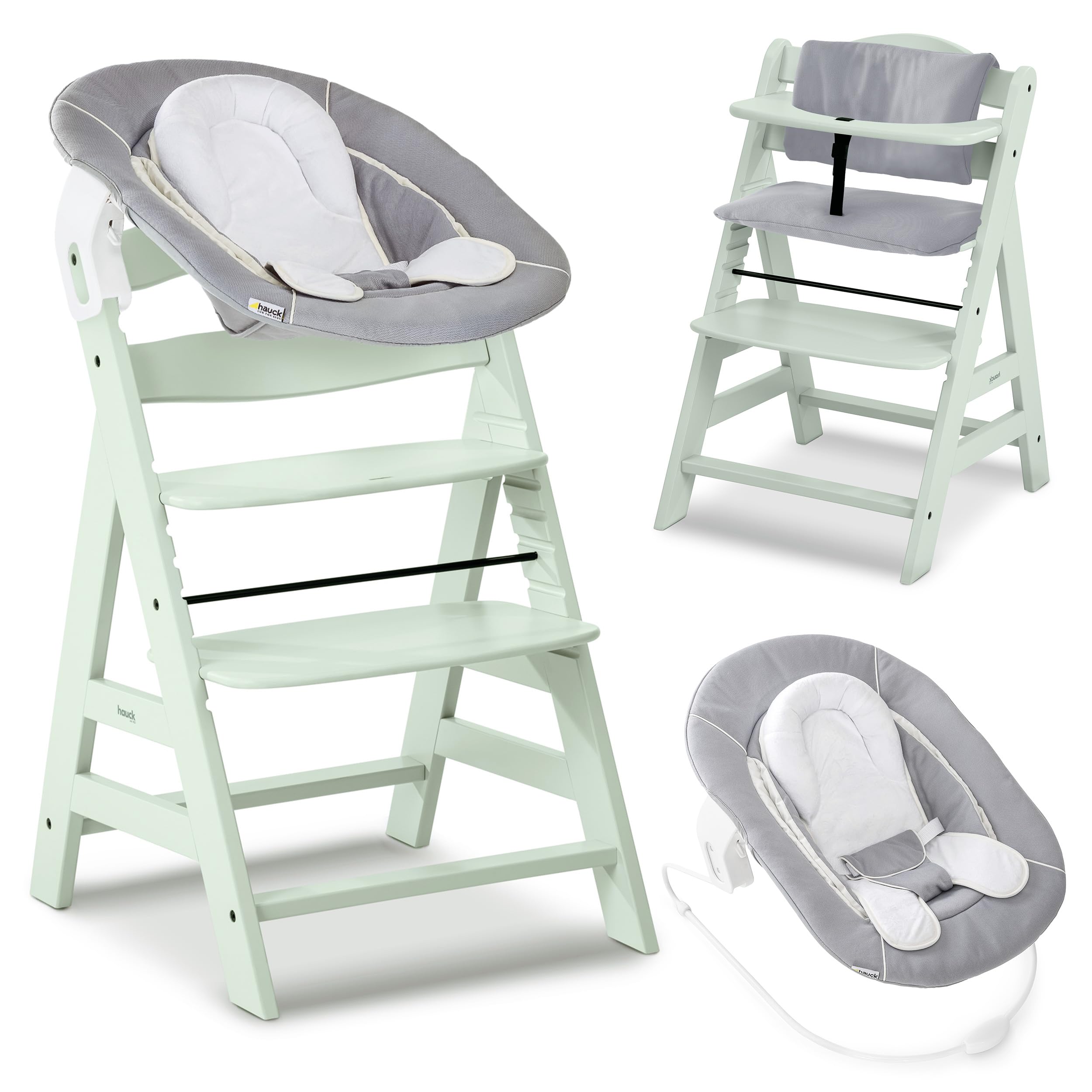 hauck Seggiolone Pappa Alpha Plus Newborn - Sediolone Pappa Bimbi con Sdraietta Neonati Dondolo e Cuscino - Seggiolone Evolutivo Legno - (Classic, Menta)