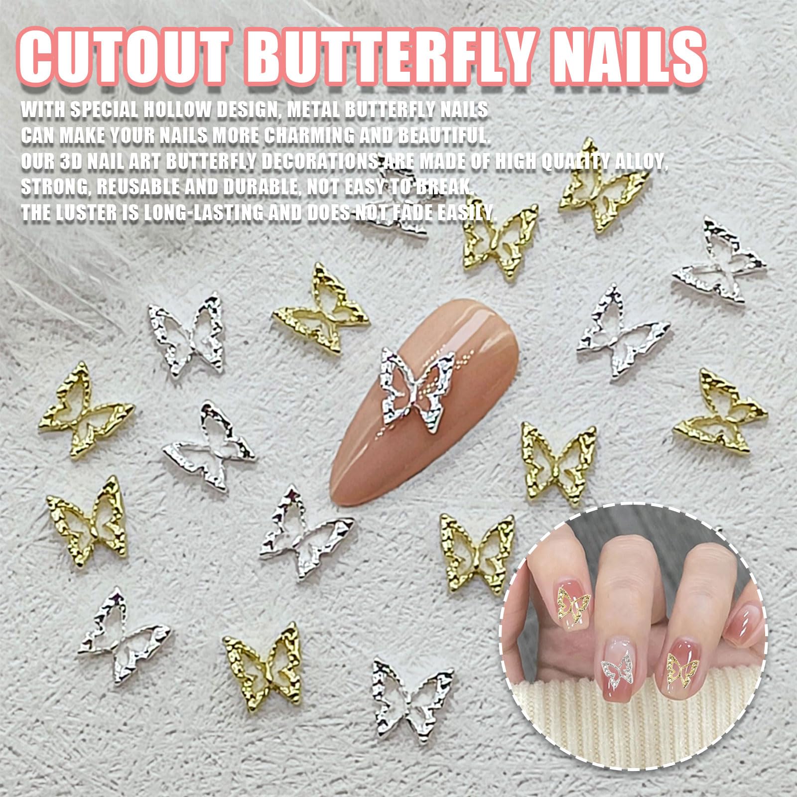 100PCS Hollow 3D Butterfly Nail Art Charms - Metal Butterfly for Women Girls Manicure Design Decoration DIY Crafts (Silver) - Image 3