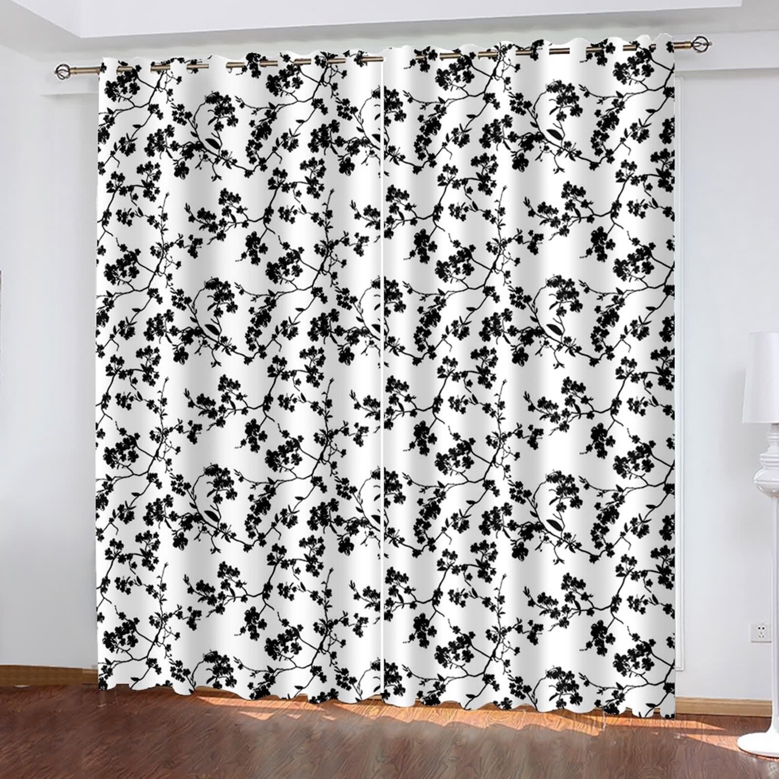 Rideau Stof Polyester, Rideau Mariage Noir Blanc Branches et Fleurs Décoration pour Fenêtre 102L x 214H CM Lot de 2