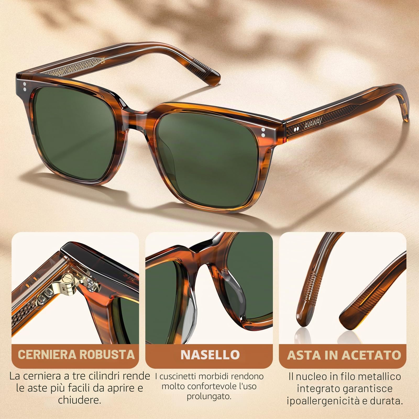 AVAWAY Moda Occhiali da sole Polarizzati da Uomo Protezione UV Retro Vintage Montatura in Acetato Occhiali Quadrati per la Guida e la Pesca