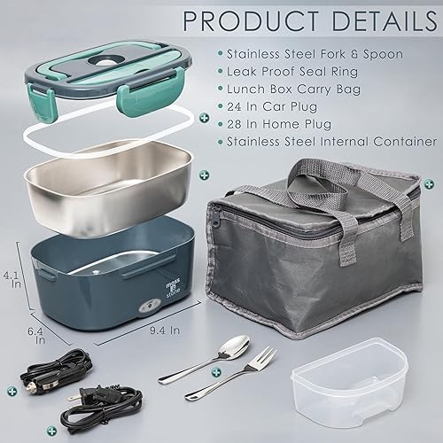 Miniatura 2 de Moss & Stone Fiambrera eléctrica para adultos, calentador de alimentos verde y gris, lonchera de 1224110 V, calentador portátil para el