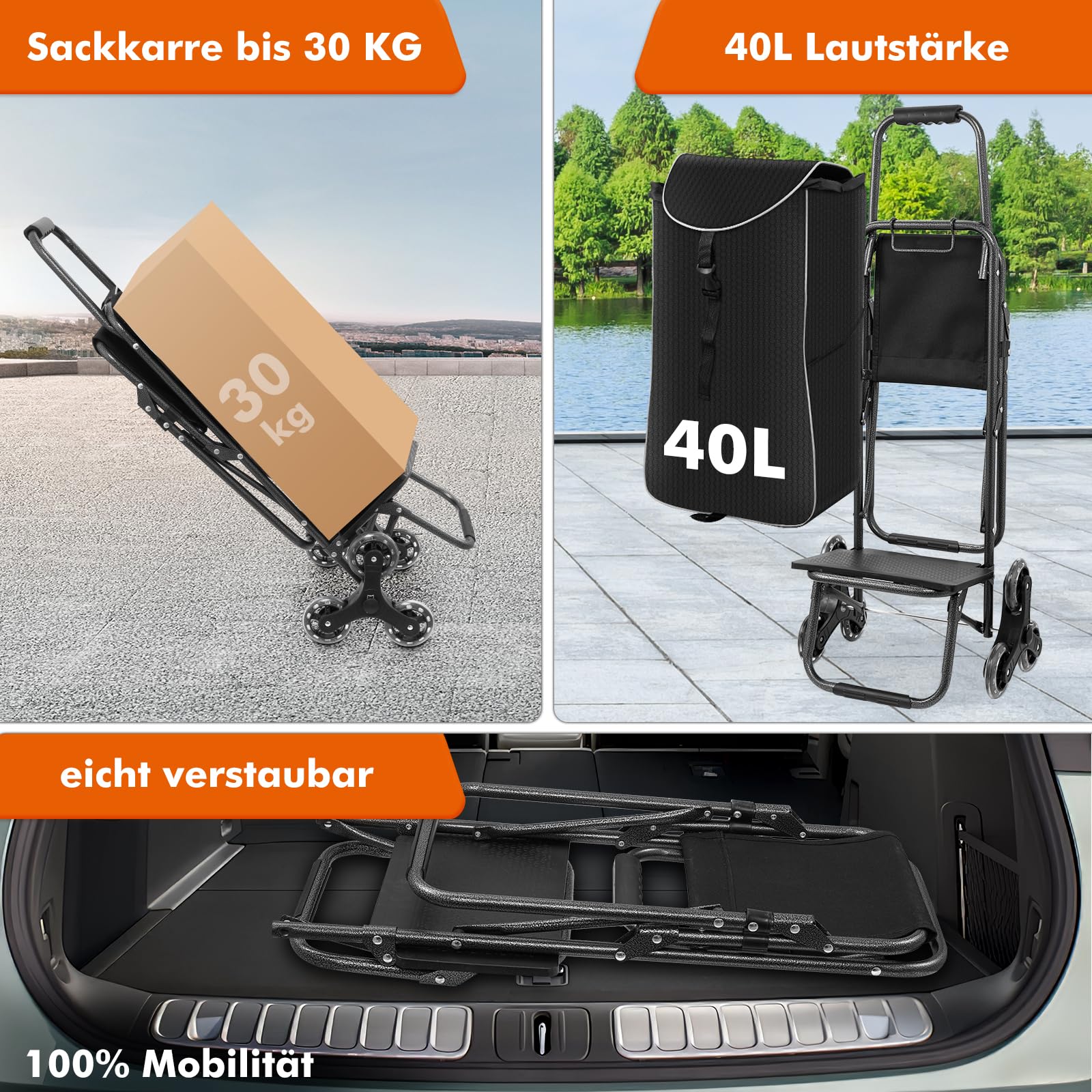 3 in1 Einkaufstrolley Klappbar,Einkaufswagen m𝐢t 40L Kapazität und belastbar bis 30kg,Einkaufstrolley mit Sitz,Einkaufstasche mit Rollen,Wasserfest Einkaufstrolleys Treppensteiger,Schwarz