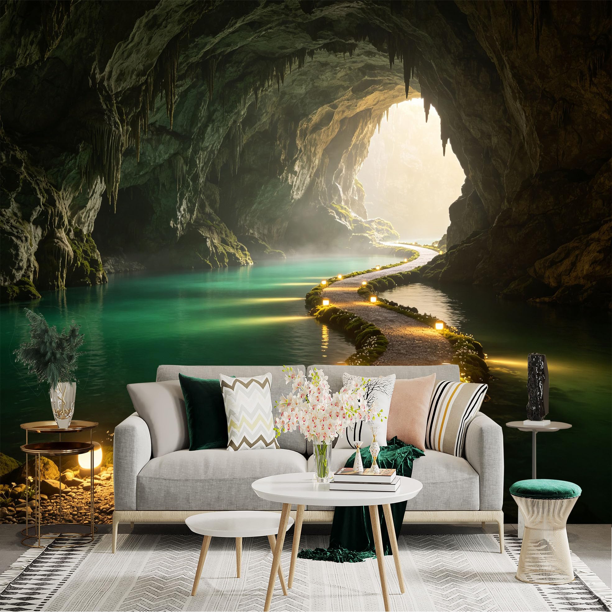 Custom Size Wall Sticker Mural， Natural Limestone Cave， Underground Lake with Glowing Pathway， Mystical Subterranean Landscape， for wall Decoration， peelandstick wall Decals.