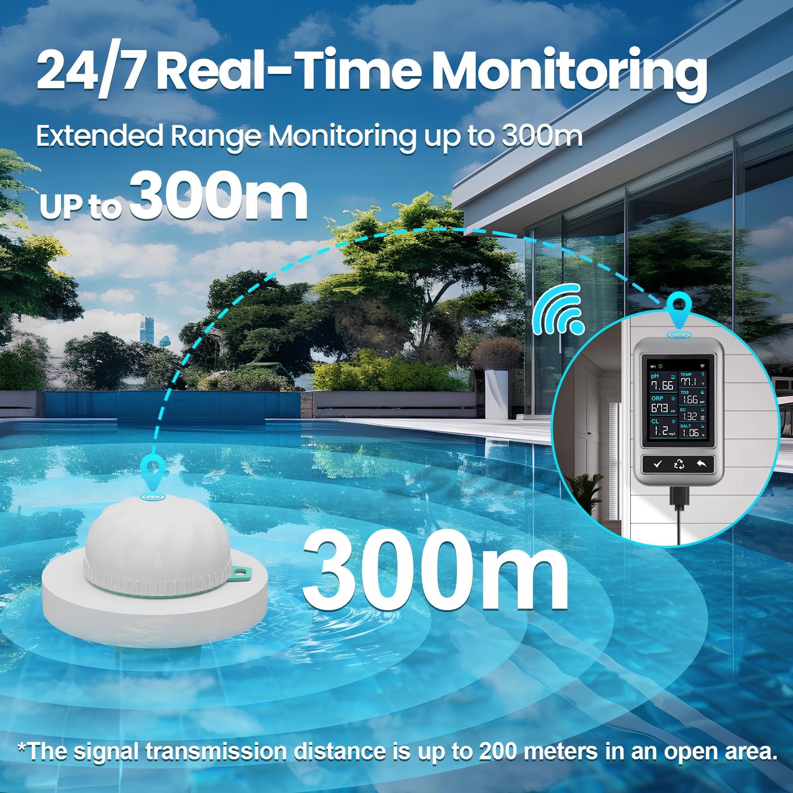2026 Smart 7IN1 Pooltester Wiederaufladbar 5200 mAh mit WLAN & App,Wassertester für pH, Chlor, Salz, ORP, EC, TDS & Temp, Automatische Überwachung & Alarm für Pool, Whirlpool, Spa & Teich