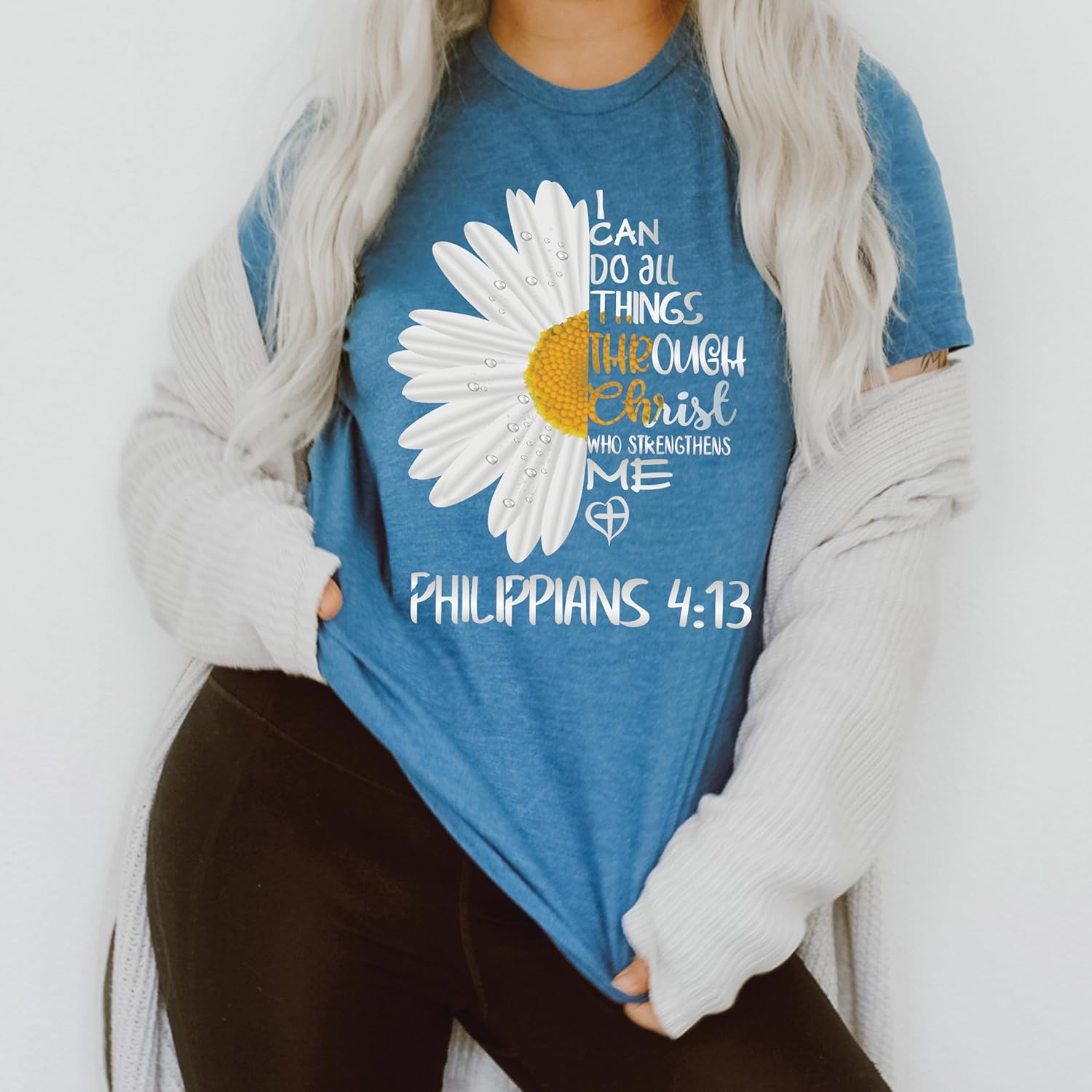 Love in Faith Christian Shirts for Women | I Can Do All Things Daisy | Faith Shirts for Women – Christian T Shirts - Image 2