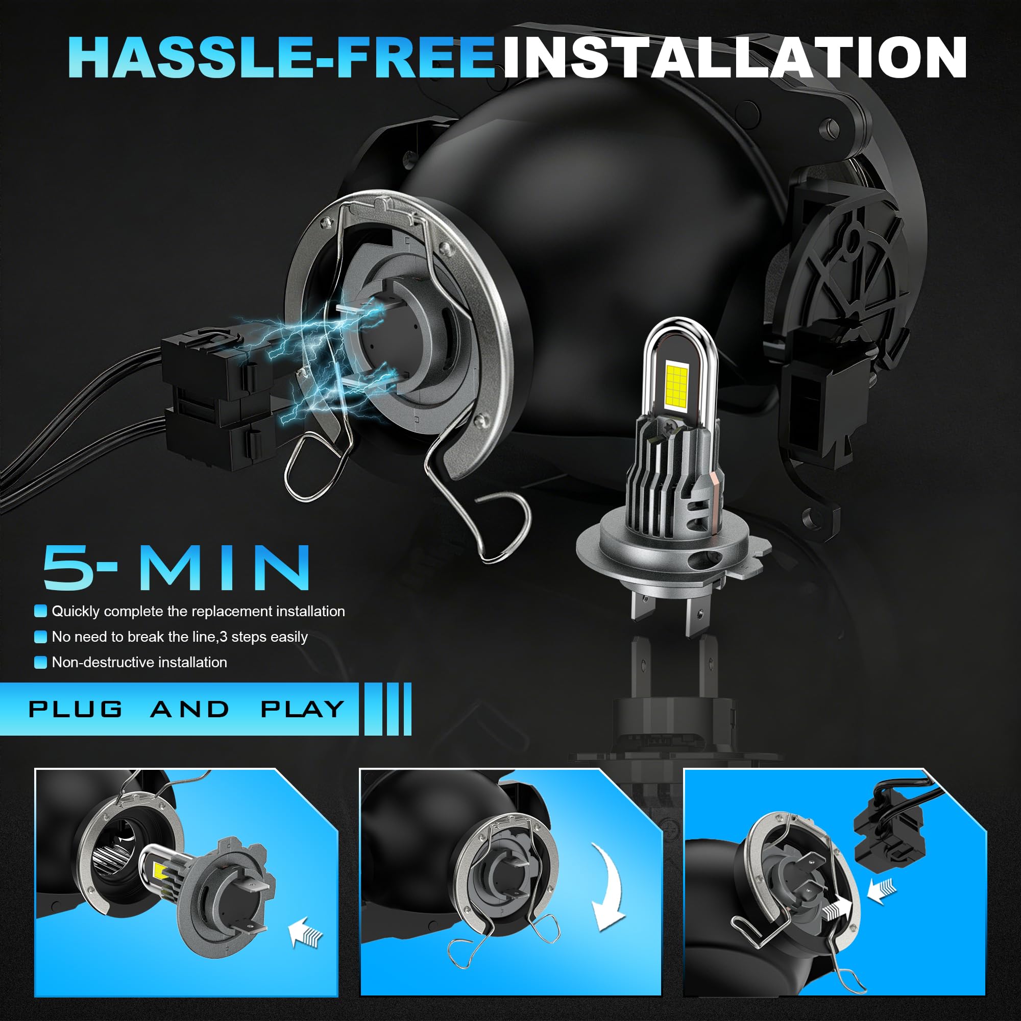 D-Lumina H7 żarówka LED Canbus 100W 16000LM, 6500K 500% Jasności, Super Bright Zestaw do Wymiany Reflektorów na Halogeny, Rozmiar 1:1, 2 sztuki