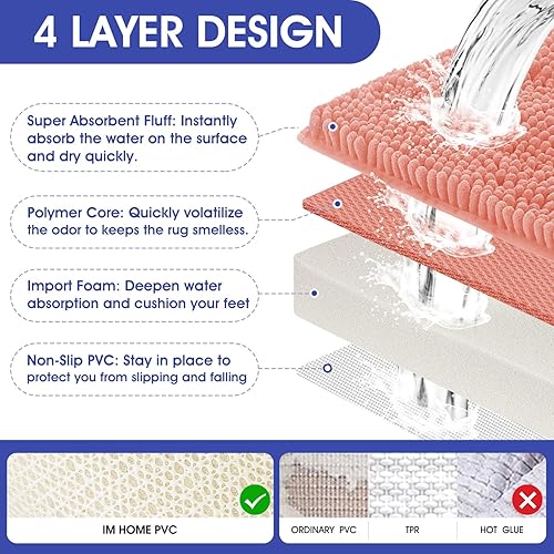 Miniatura 4 de ACCUMTEK - Juego de 3 piezas de alfombra de baño de coral a rayas, ultrasuave, antideslizante de chenilla, alfombrilla de inodoro absorbente,