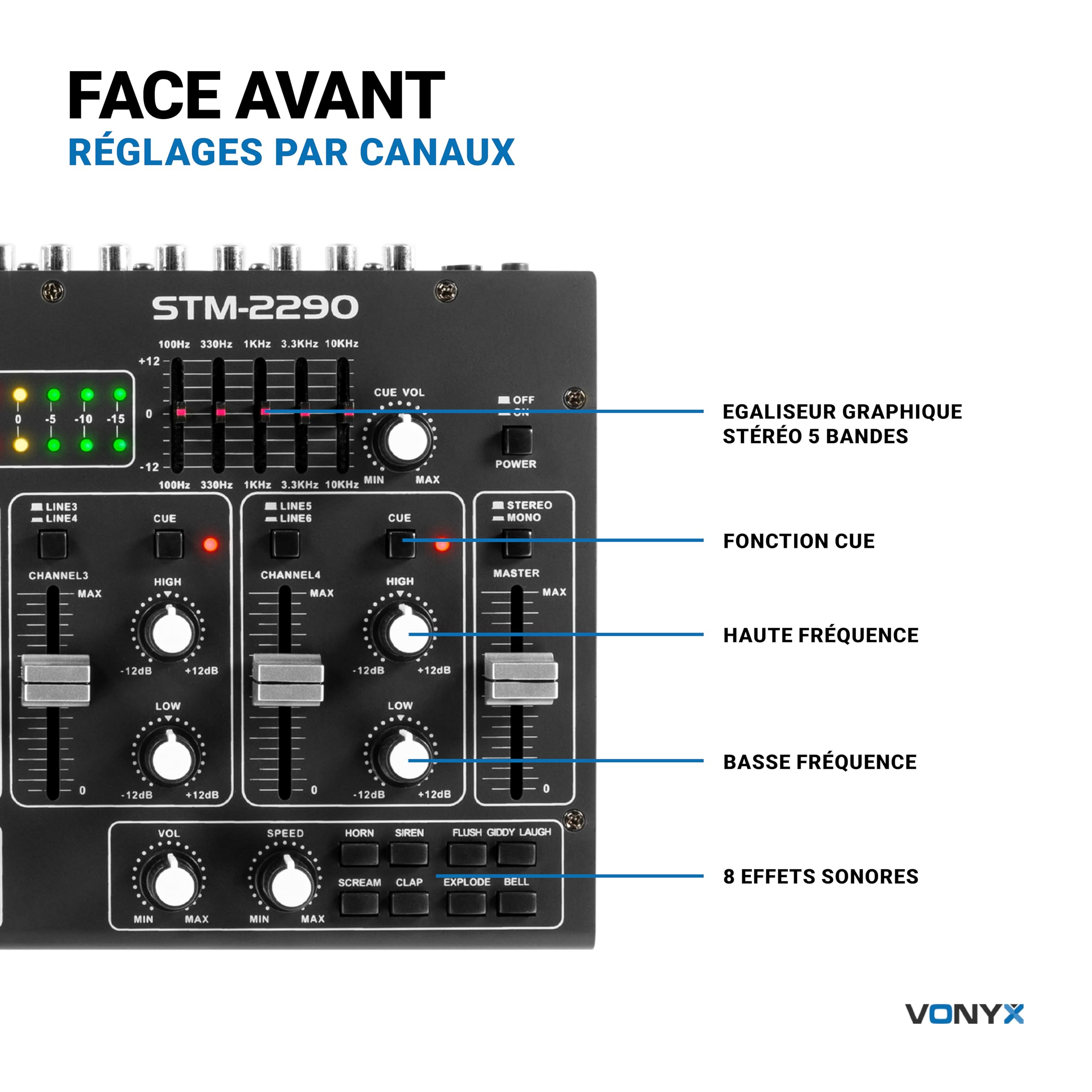 Vonyx STM2290 Table de Mixage DJ 8 Canaux, Entrée USB, Bluetooth, 8 Effets sons Individuels, Equalizer 5 Bandes, Entrée Micro et Sortie Casque, Écran LCD