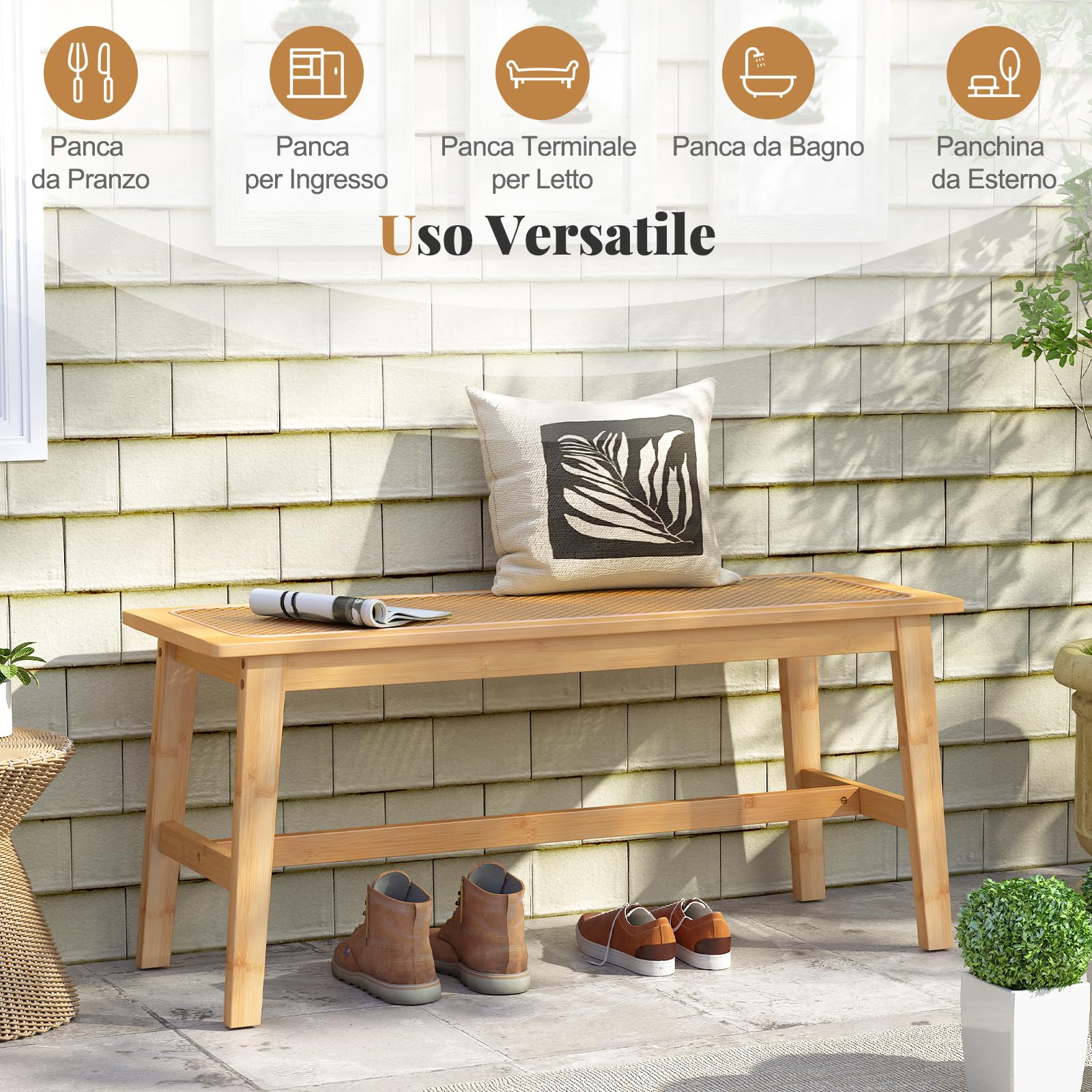 COSTWAY Panca da Pranzo 100 cm in Bambù Naturale, Panchina per 2 Persone con Seduta Rattan Intrecciato a Mano, Panca Stile Fattoria per Cucina, Bagno e Camera da Letto, Sgabello per Scarpe