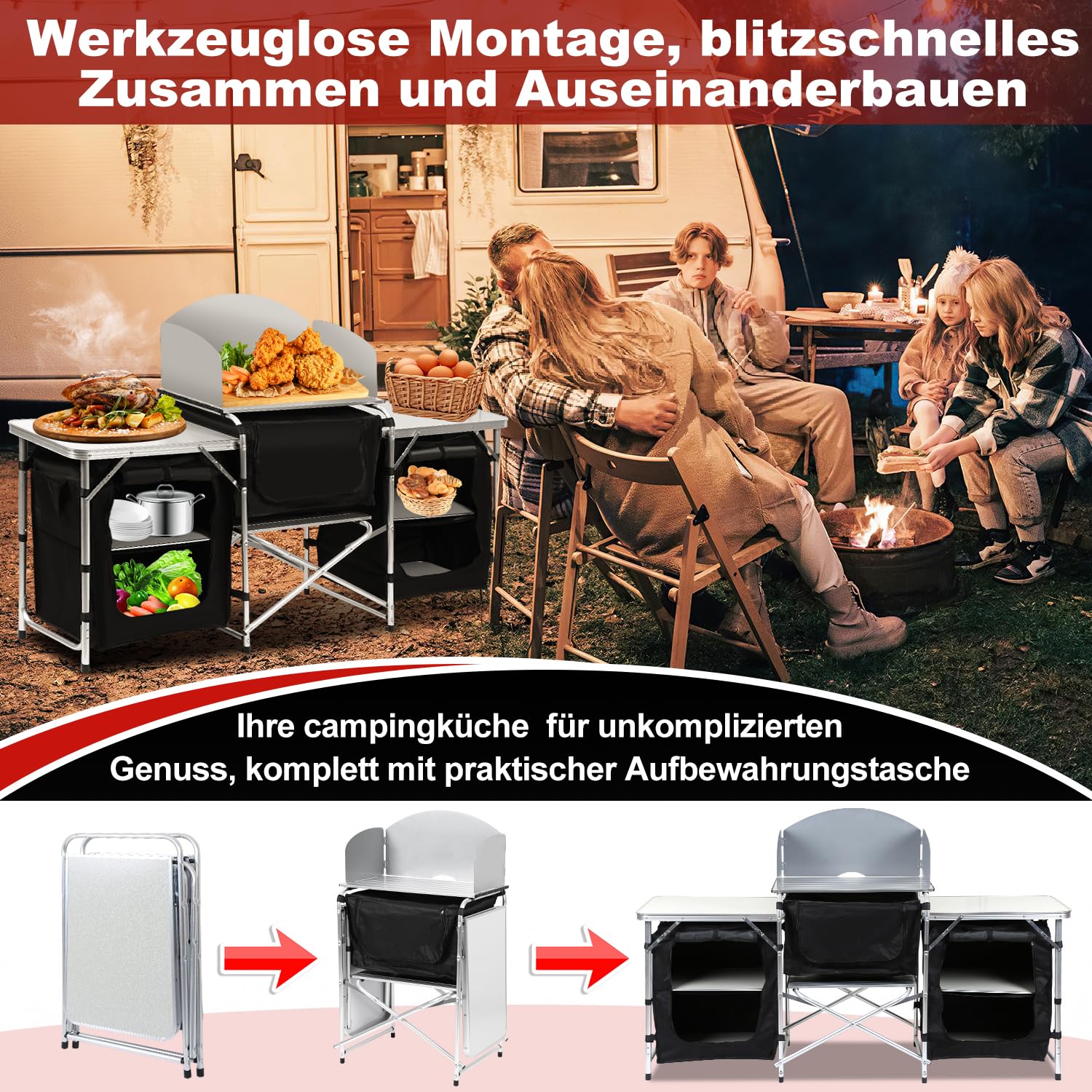 Cucina da campeggio, armadietto da campeggio con struttura in alluminio, pieghevole da campeggio con piano di lavoro resistente al calore e paraspruzzi, per campeggio e attività all'aperto,