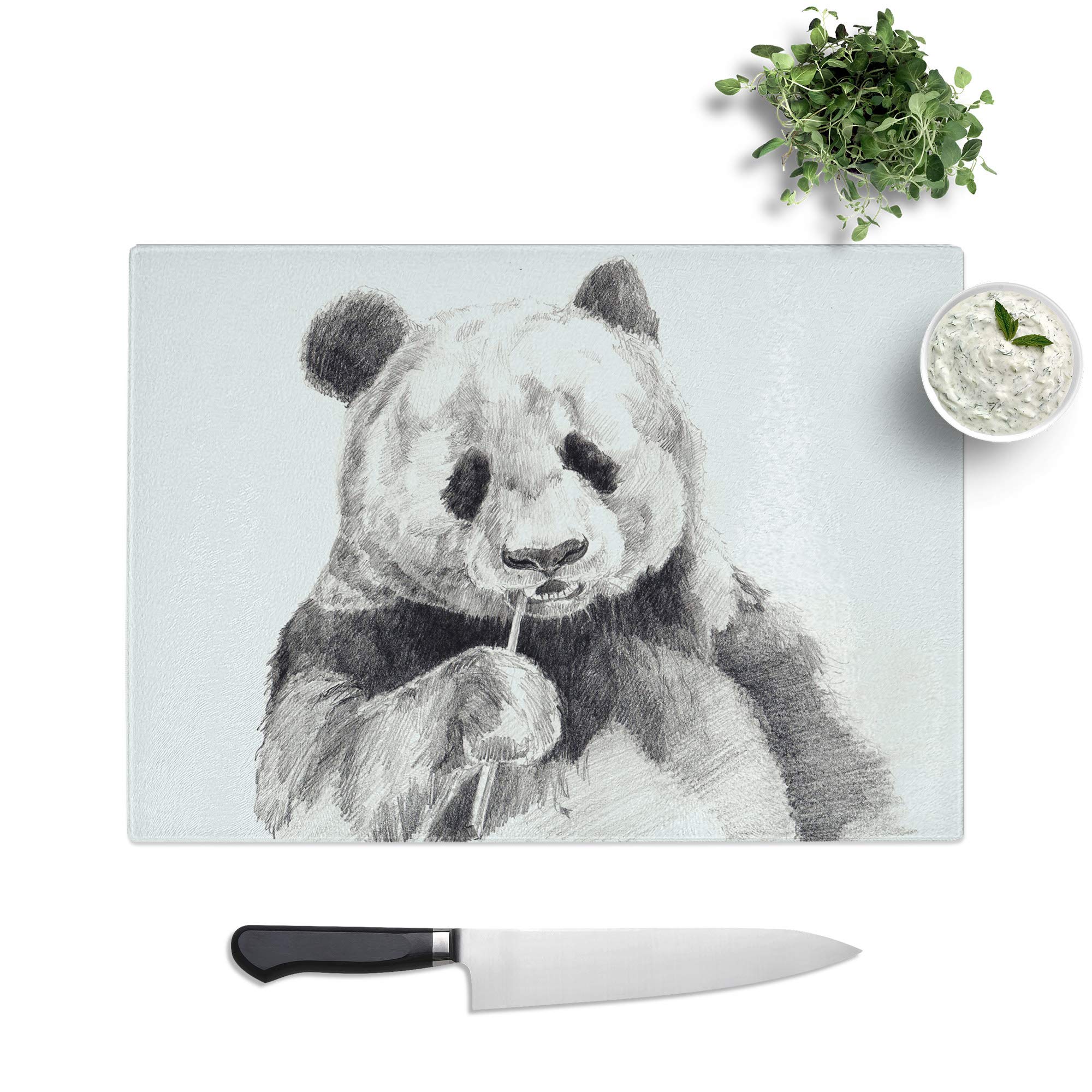 Kitchen Chopping Board Glass - Panda Illustration (1) - Textured Worktop Saver Cutting Board - Heat Resistant, Shatterproof and Hygenic - 39 x 28.5 cm