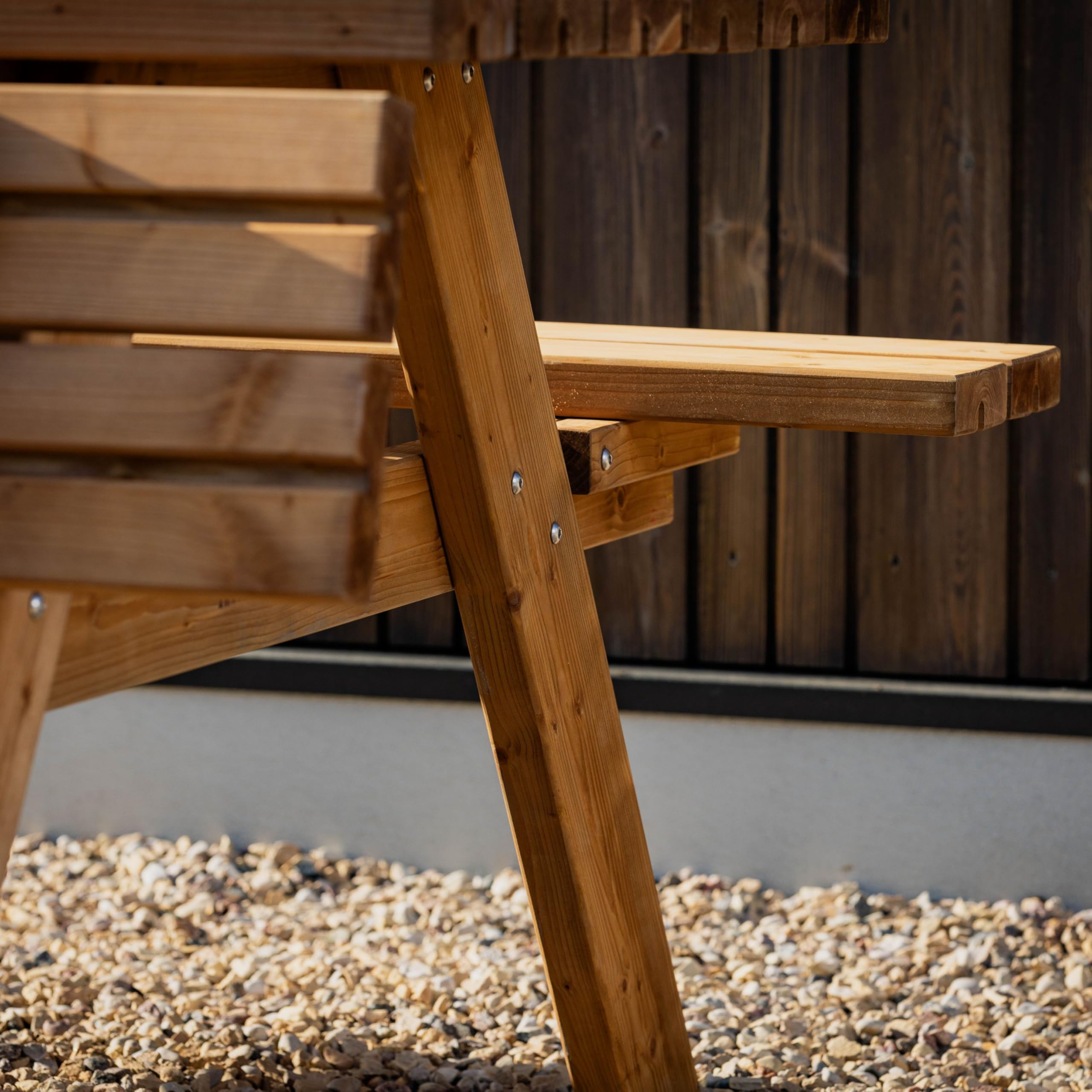 AMATA Mesa de picnic de diseño clásico con asientos plegables, colección UNGURS, mesa de picnic de madera resistente a la intemperie para exteriores, perfecta para jardín y patio (avellana oxidada)