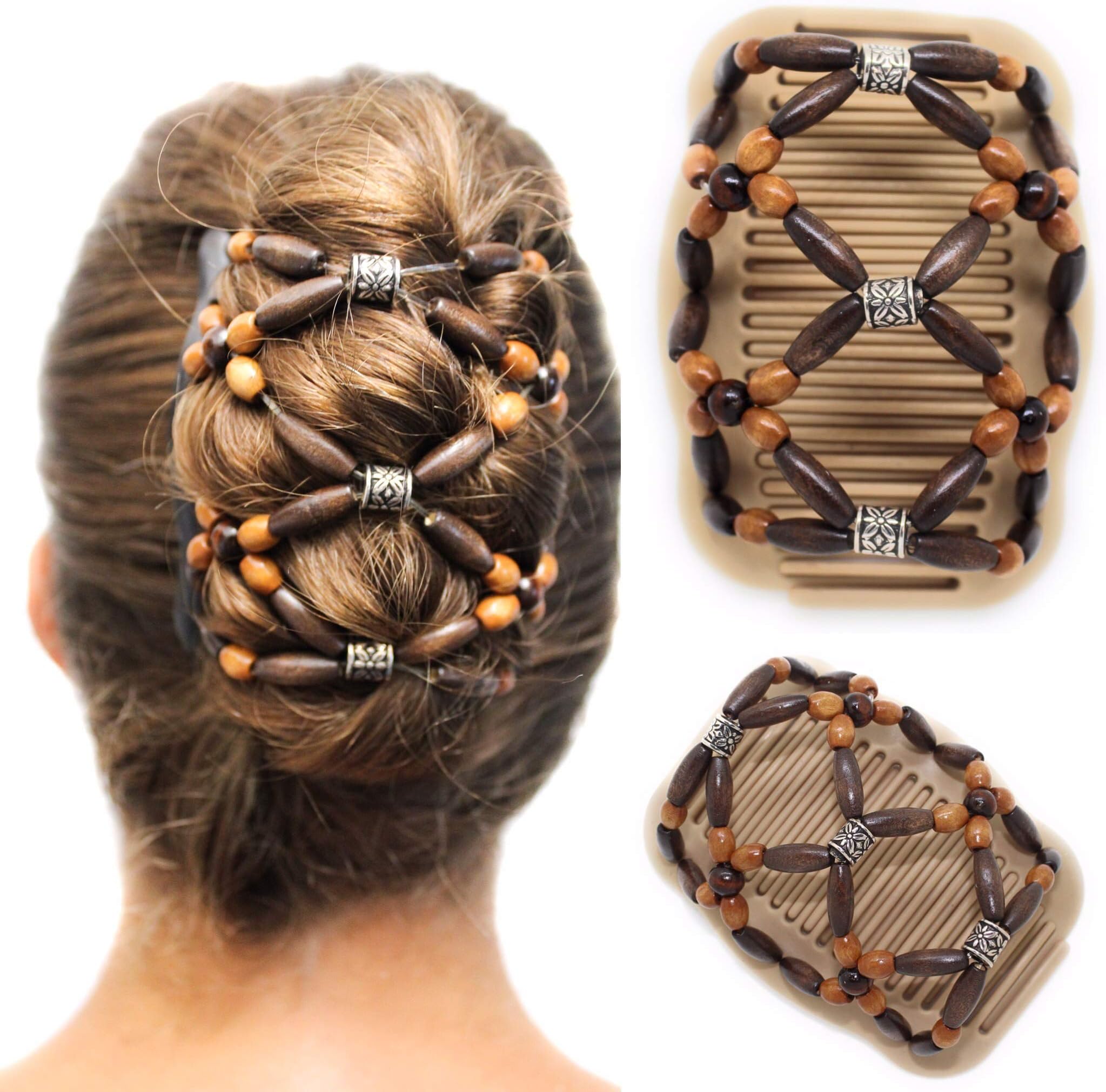 Fancy Combs Thick Hair Clip Bun Holder - Hair Accessories for Women Combs Clips - Natural Wooden Beaded Double Magic Hair Combs โ Instant Bun Maker, Easy Updo, French Twist Holder, Combs Interlock under Your Hair, Secure Hold All Day.
