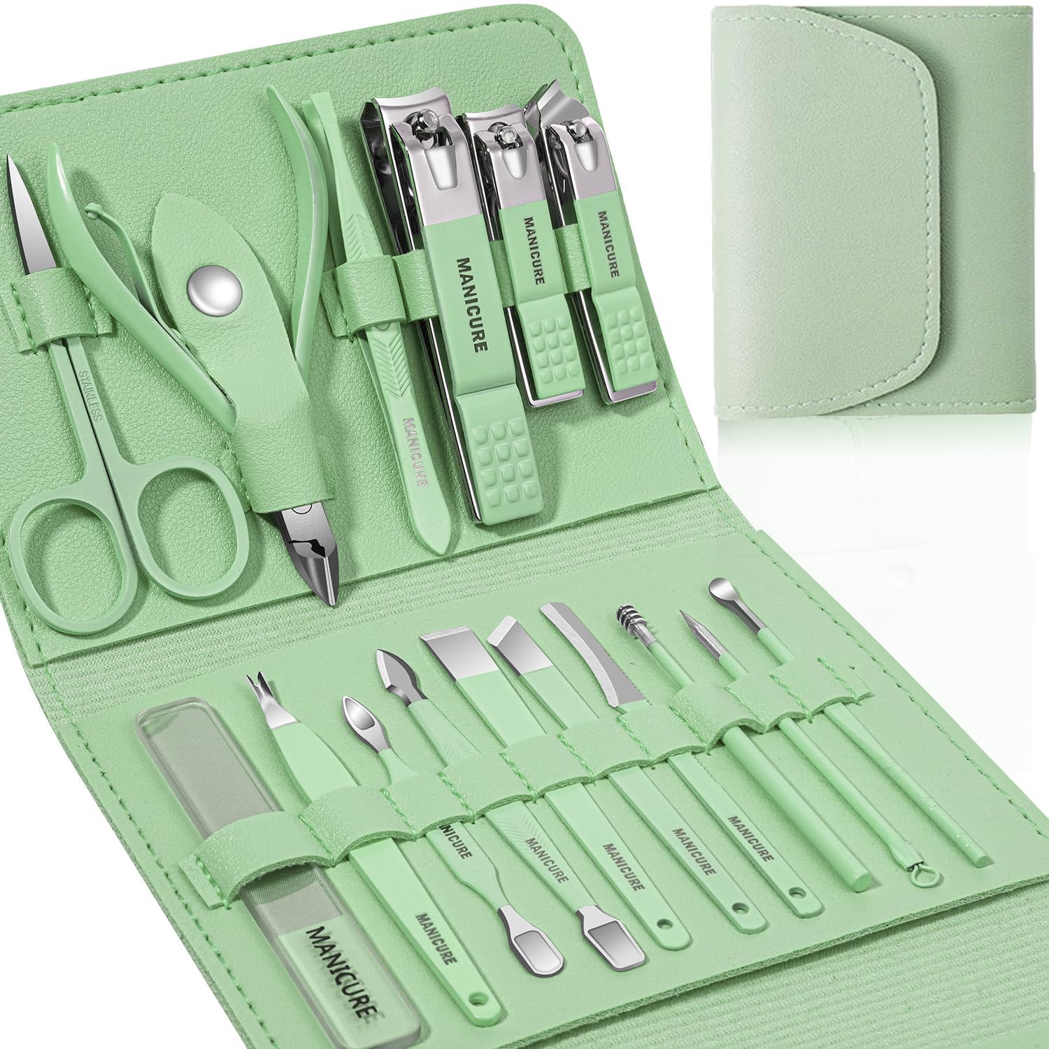 Professional Manicure Set, 16-Piece Nail Care Kit with Leather Case, Blue (Green, 16 in 1)-image-33