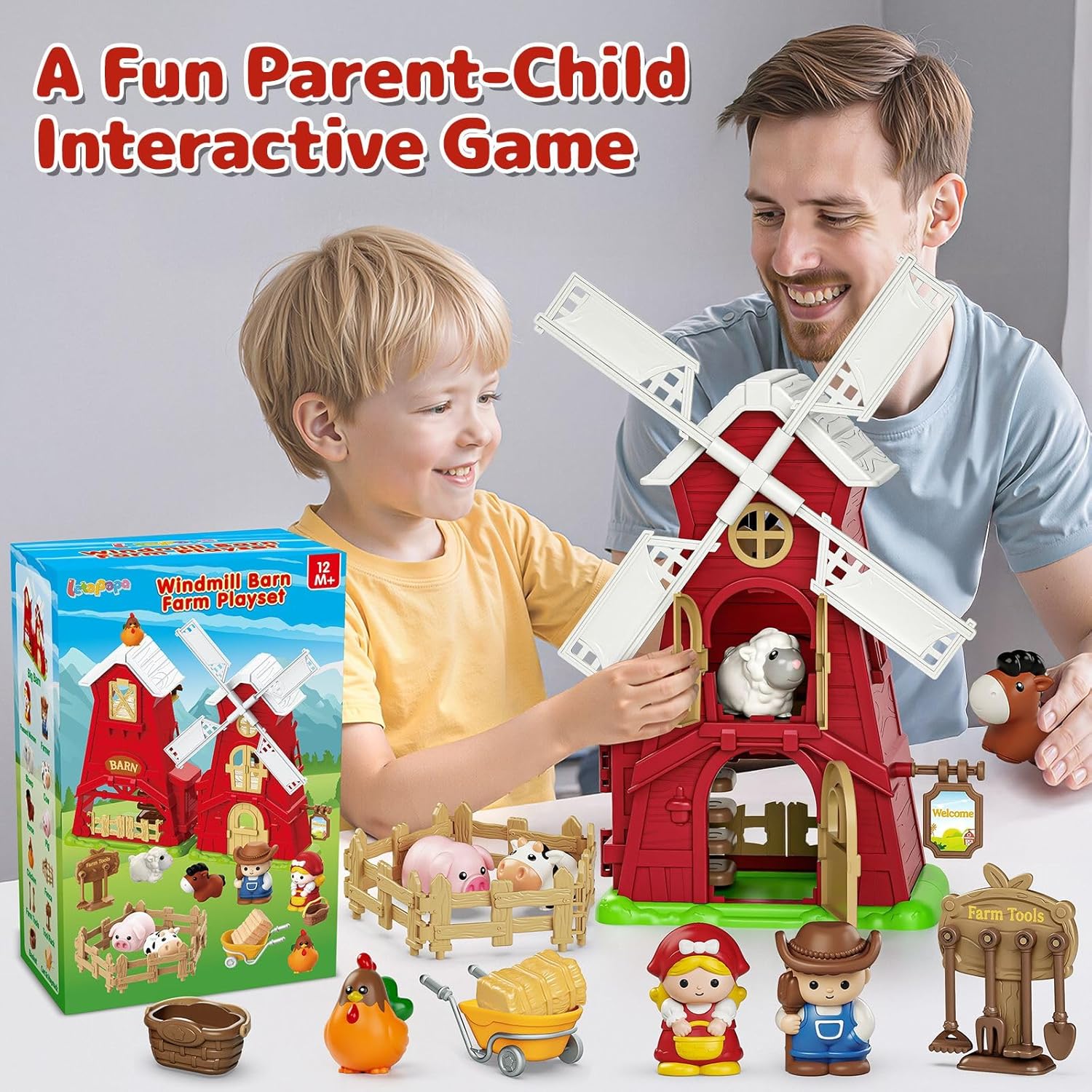 Toddler Toys for 1 2 3 Year Old, Farm Animals Windmill Barn Montessori Educational Toys, Farm Playset with Assorted Pretend Accessories, Christmas Birthday Gift for Baby Boys Girls 12-18 Month