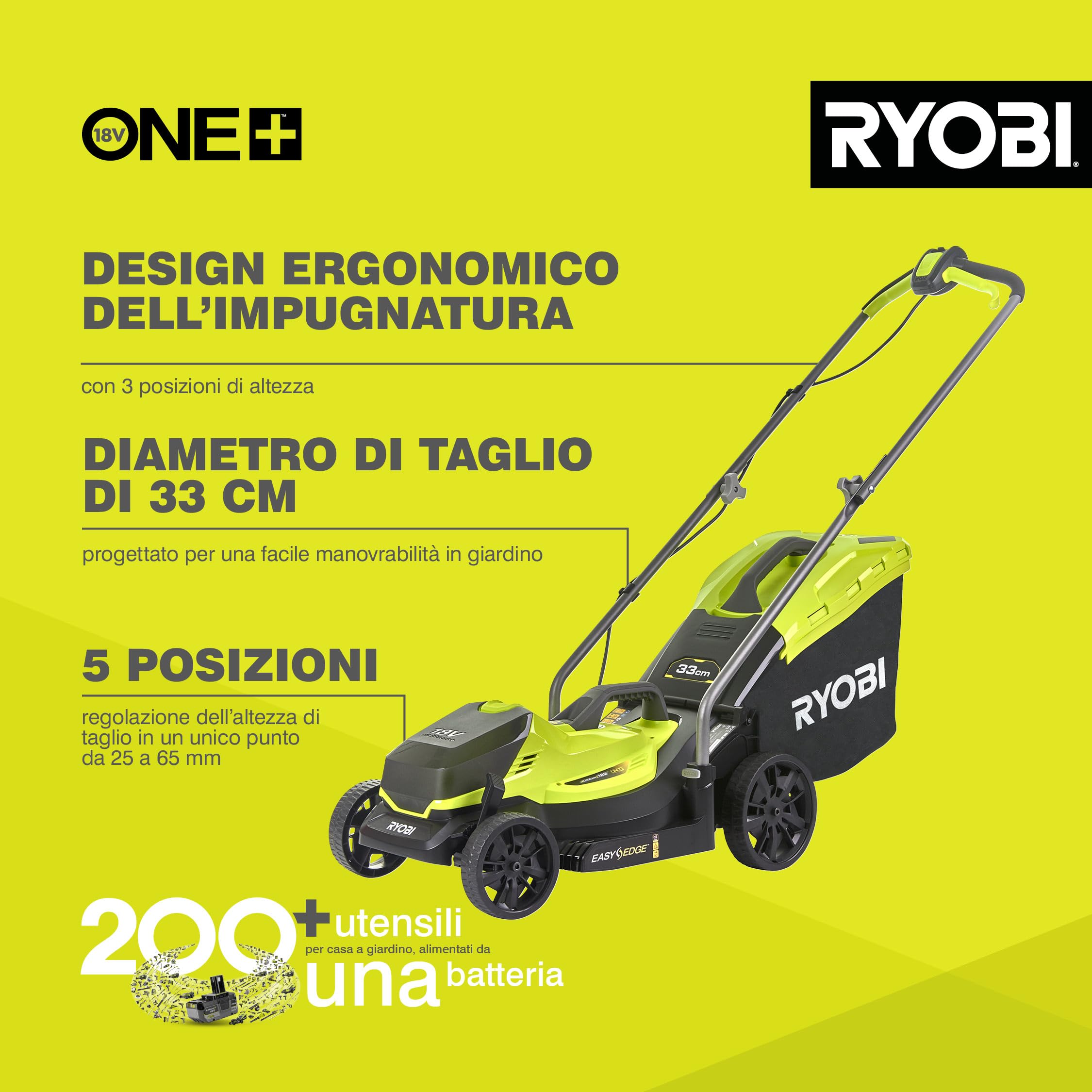 Ryobi OLM1833B Tosaerba a Batteria 18V ONE+, Ripiegabile, per Giardini Fino a 500 m², Batteria Non Inclusa, Taglio 33cm