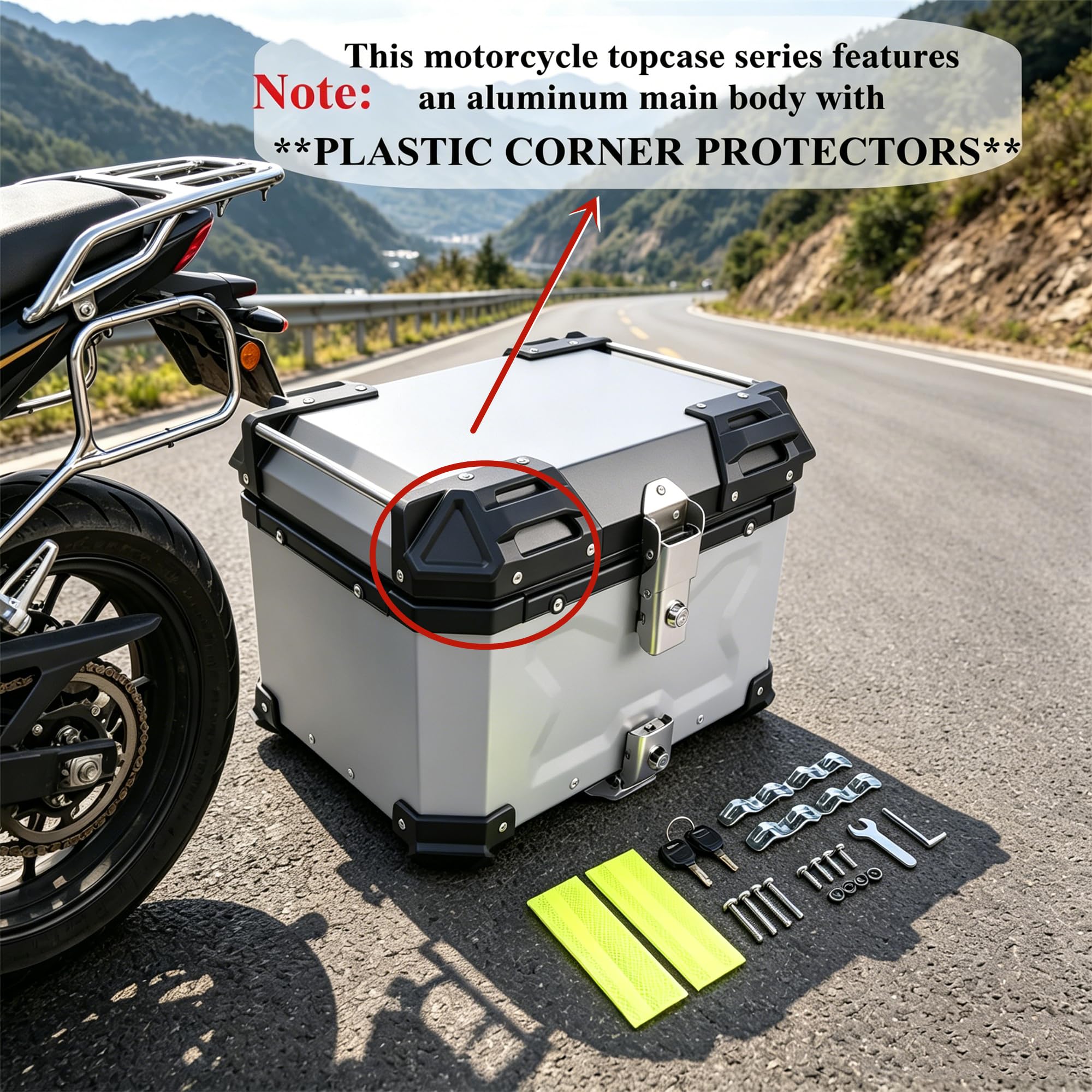 65L Motorrad Topcase, Wasserdicht Motorrad Top Box Topcase Roller Koffer mit Sicherheitsschloss, Motorradkoffer mit InstallierenTrägerplatte (Silber)