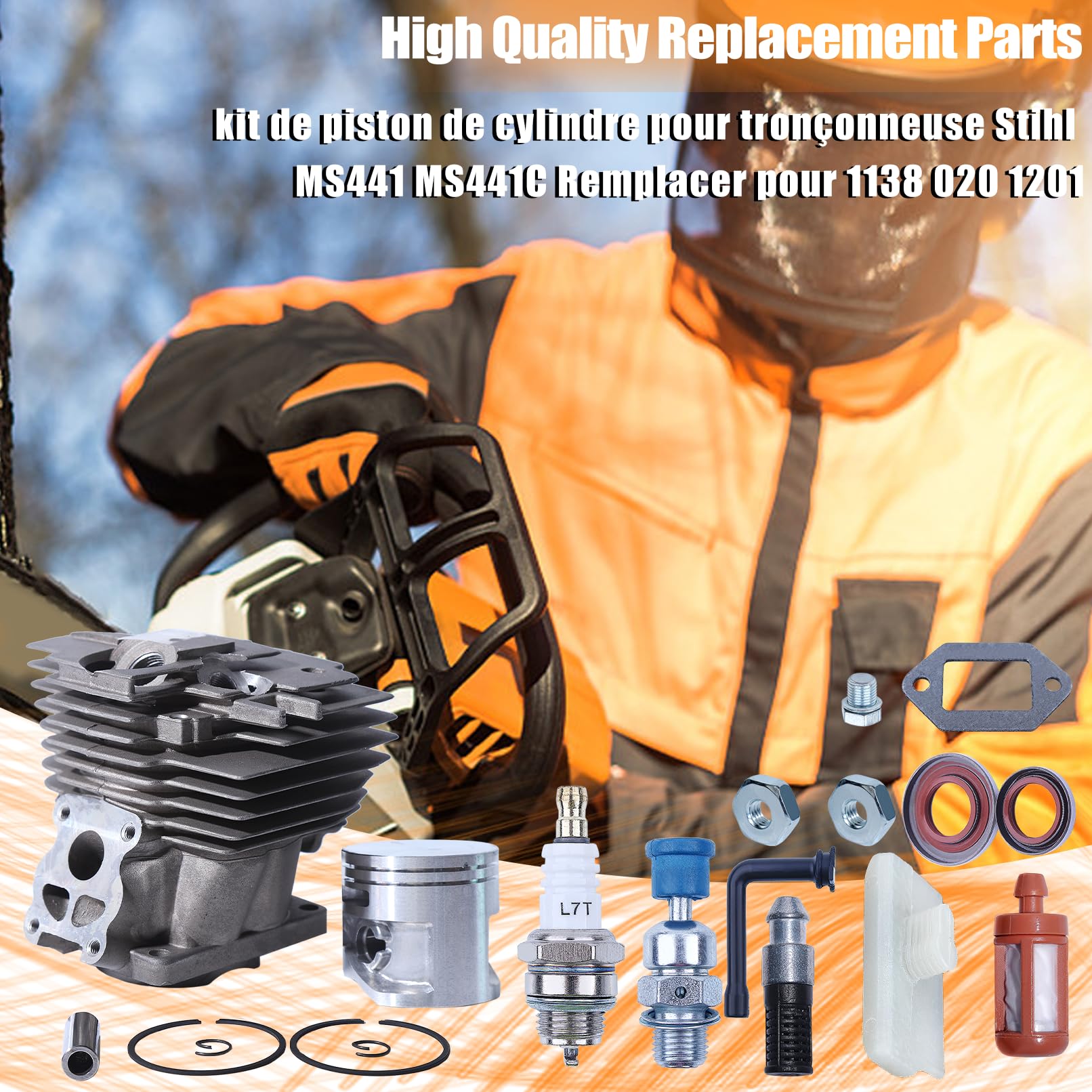 Kolben und Zylinder 50mm Kit für Stihl MS441 MS441C MS 441 MS360 MS260 MS361 für Husqvarna 365 Zündkerze + Kolbensatz + Öldichtung Serie Zubehör16 in 1 Kit 1138020 1201