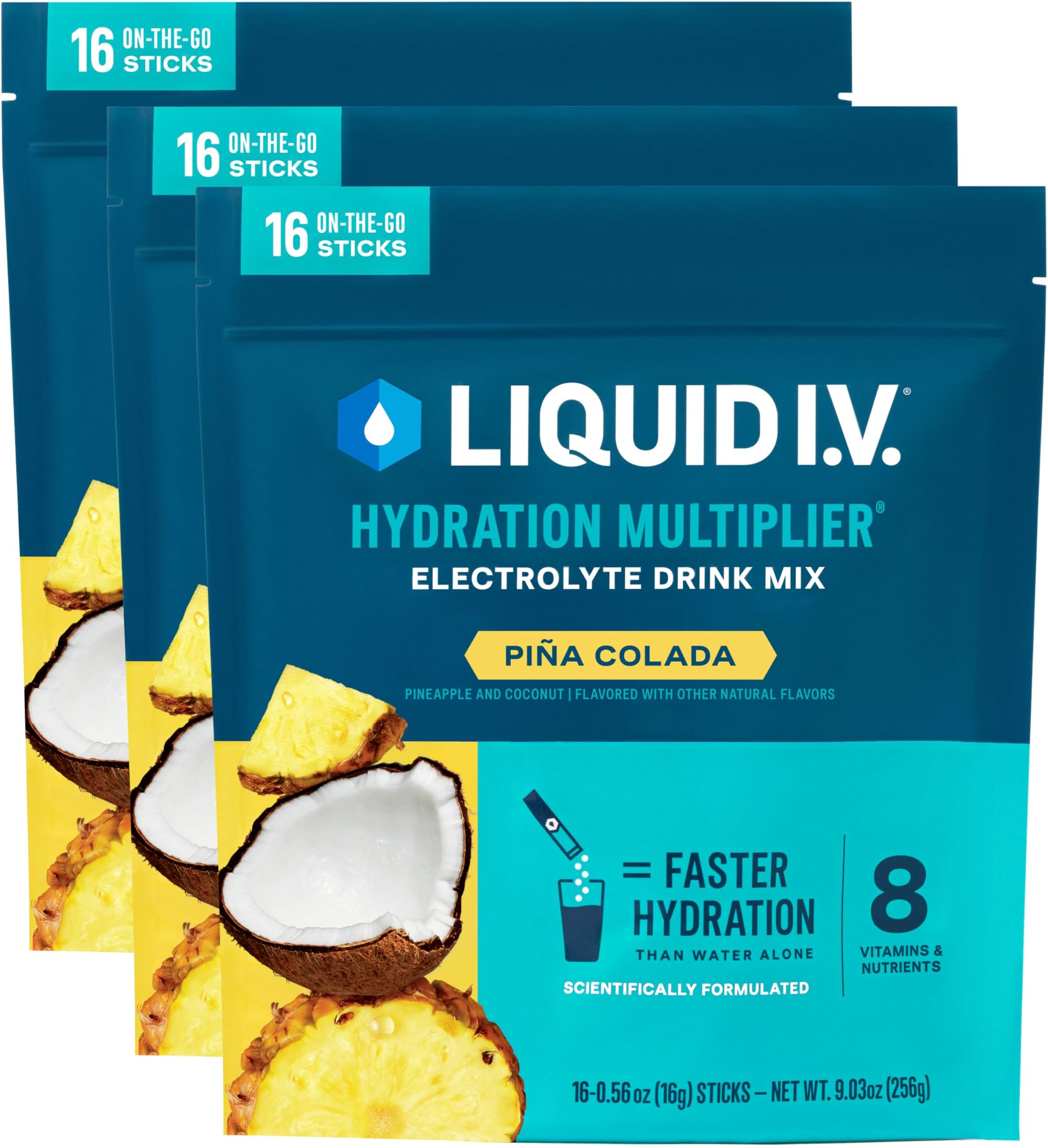 Liquid I.V.® Hydration Multiplier® - Piña Colada - Hydration Powder Packets | Electrolyte Powder Drink Mix | Convenient Single-Serving Sticks | Non-GMO | 16 Servings (Pack of 3)