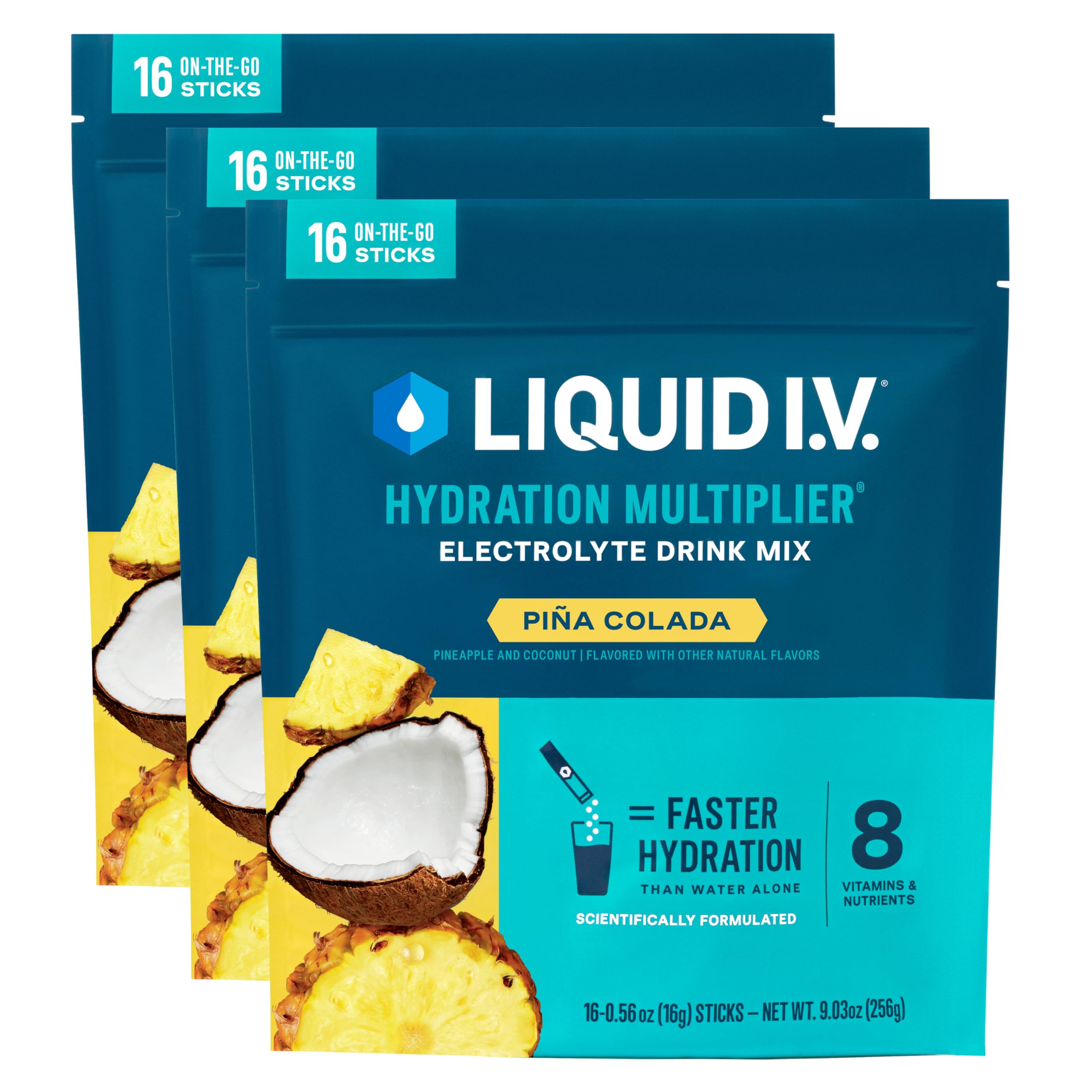 Liquid I.V.® Hydration Multiplier® - Piña Colada - Hydration Powder Packets | Electrolyte Powder Drink Mix | Convenient Single-Serving Sticks | Non-GMO | 16 Servings (Pack of 3)