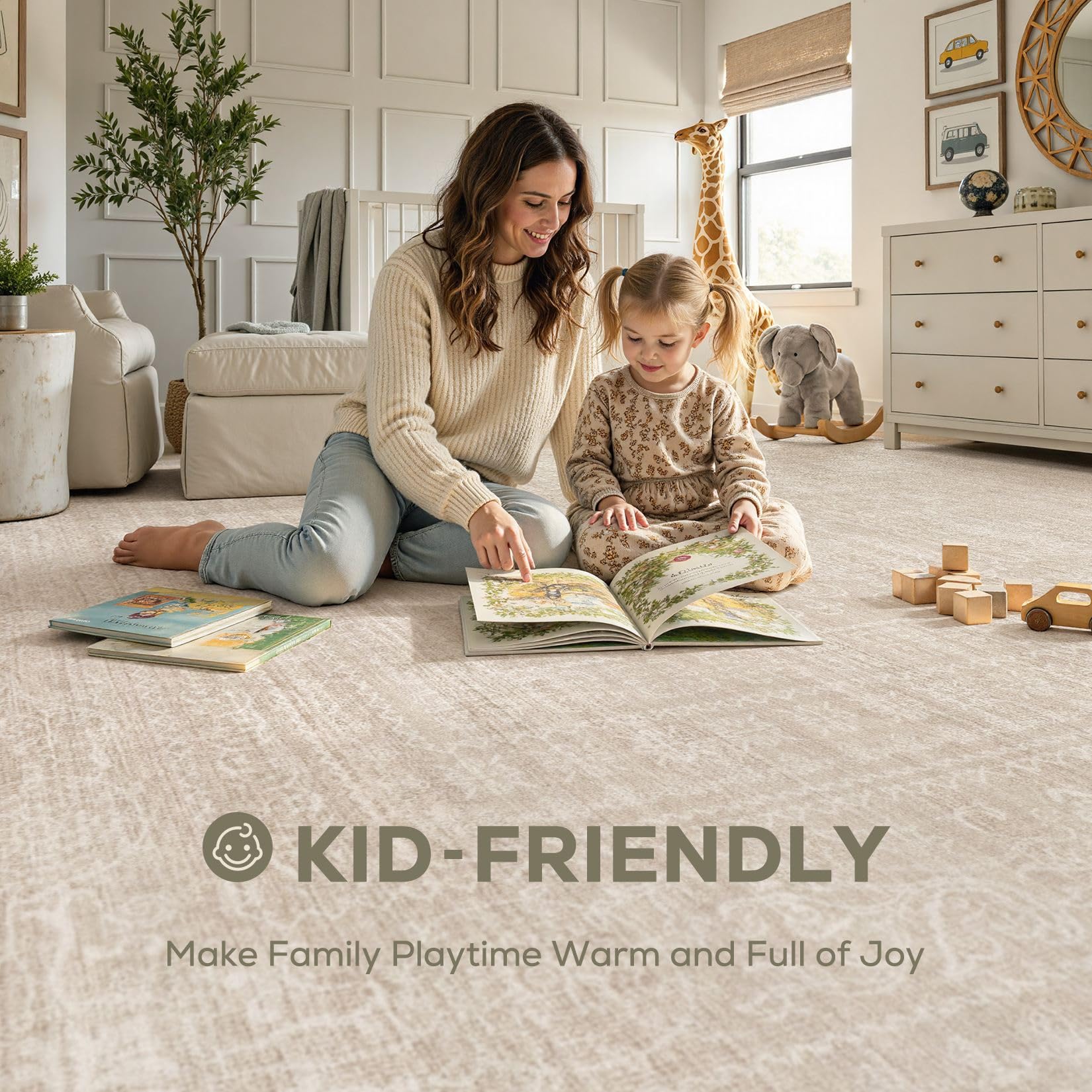 5x7 Area Rugs Living Room: Washable Large Vintage Beige Rug Neutral Non-Slip Soft Stain Resistant Indoor Carpet for Bedroom Nursery Dining Room Under Table Bed Home House Office Playroom — view 3