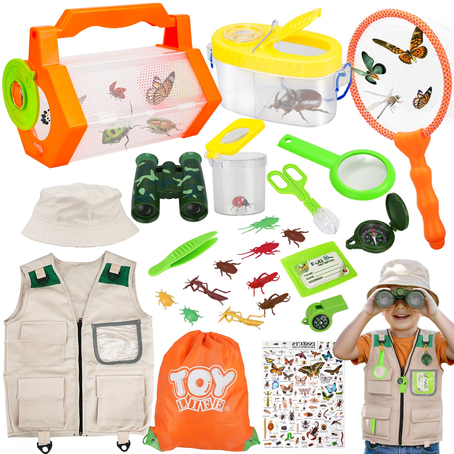 TOY Life Kids Explorer Bug Catcher Kit with Safari Costume, Binoculars Kids Outdoor Toys, Bug Toys, Butterfly Net, Camping Set Outdoor Activities Adventure Kit Nature Exploration Gifts Kid Ages 3-12