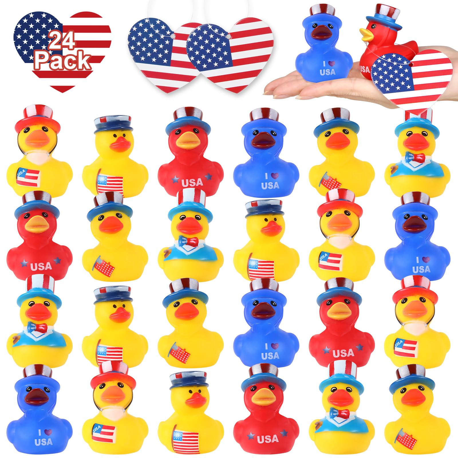 24 Pcs Patriotic Rubber Ducks, 4th of July Ducks for Jeeps, Fourth of July Party Favors, Memorial Day Decorations, Bath Pool Water Toys, Kids' Birthday Independence Day Gifts, Classroom Prizes