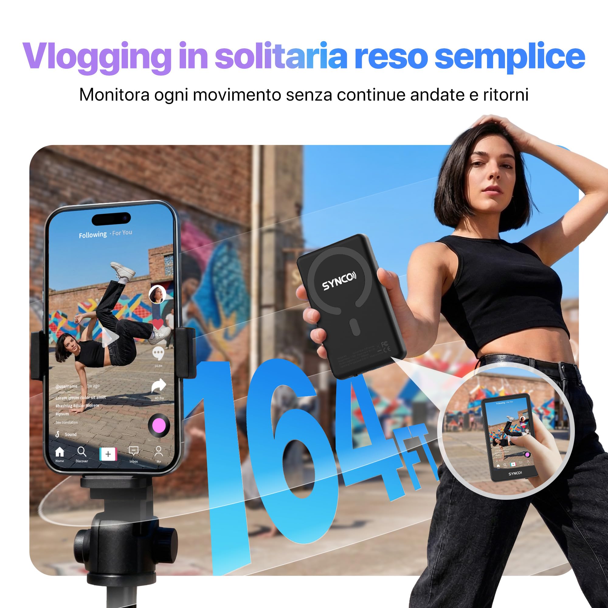 SYNCO XView Vlog Selfie Monitor Schermo con Touchscreen per iPhone 7-17 & Samsung, Wireless Magnetico Telecamera Posteriore, 164FT, Batteria 3H, Altoparlante per YouTube TikTok Live (Nero)