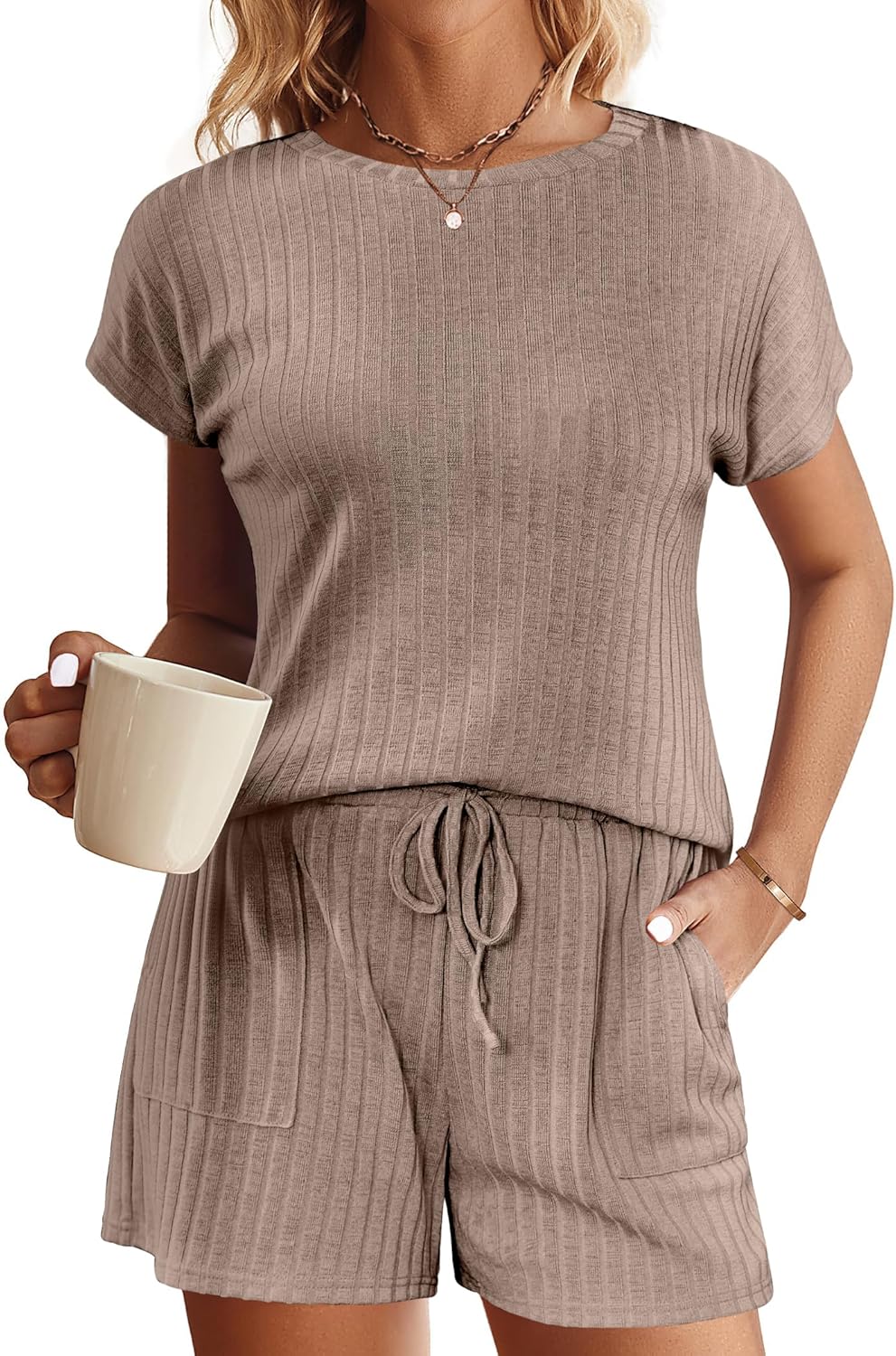 Ekouaer Pajamas Set for Women 2 Piece Pjs Ribbed Knit Lounge Set Cap Sleeve Loungewear Sleepwear S-XXL