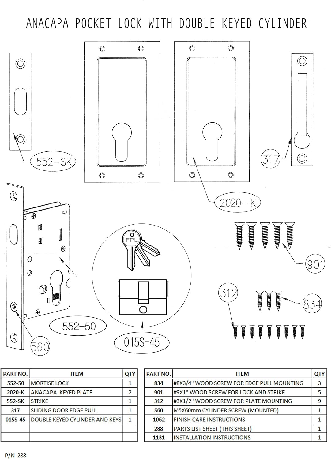 Anacapa by FPL- Solid Brass Modern Pocket Door Mortise Lock Set with Double Keyed Euro Profile Cylinder - Polished Chrome