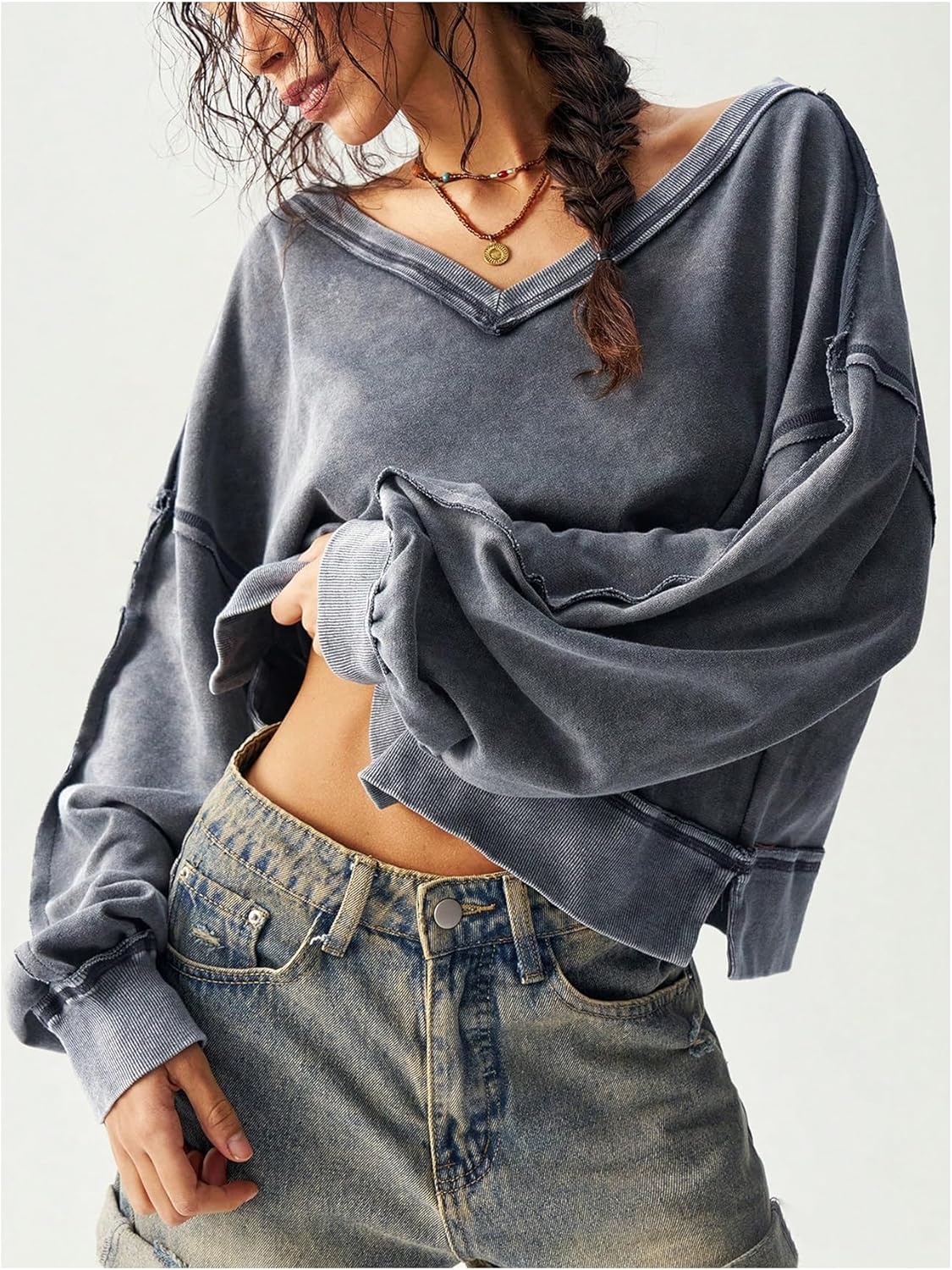 Women's Off The Shoulder Sweatshirts V Neck Long Sleeve Crop Tops Pullovers - Image 5