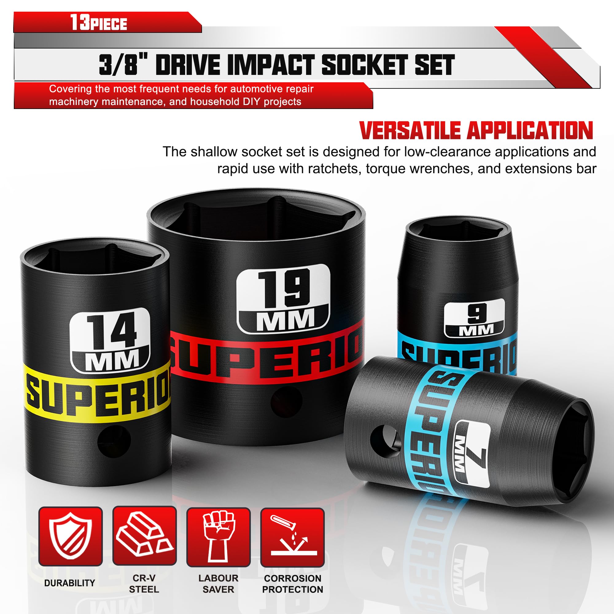 Juego de 13 Piezas Vasos de Impacto 3/8", 7-19 mm Llaves de Vasos Impacto Set, de Cromo Vanadio, Dados de Impacto Para Muebles, Auto Reparación