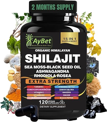 Shilajit - Cápsulas orgánicas de Shilajit del Himalaya para hombres y mujeres, con musgo marino, aceite de semilla negra, Ashwagandha, Rhodiola