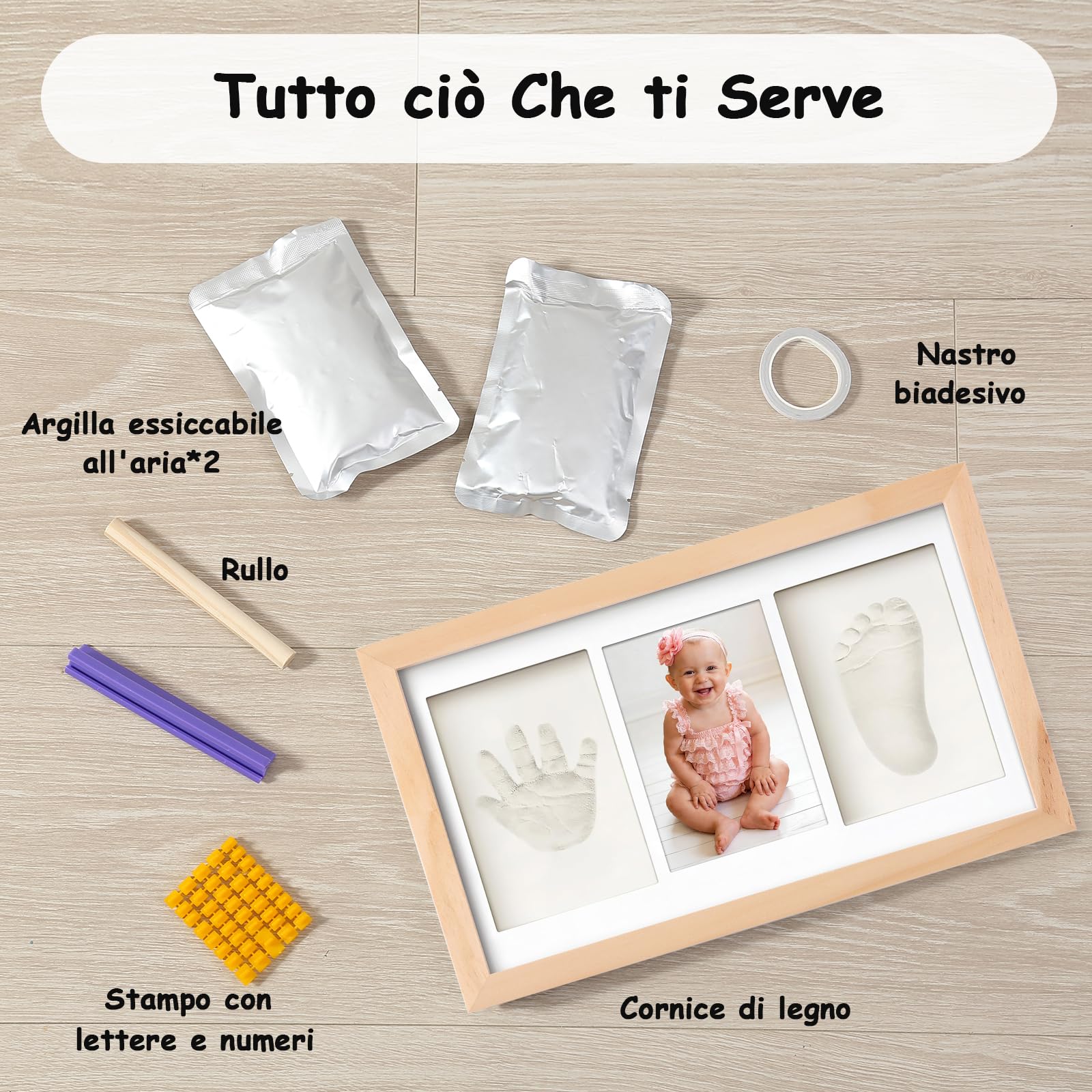 Cornice Impronta Mani e Piedi Neonati con Argilla, Cornice Impronte Neonato Personalizzabile,Kit Impronte Neonato Ideale per Regalo Neonato Maschio e Regalo Neonata Femmina-Quercia