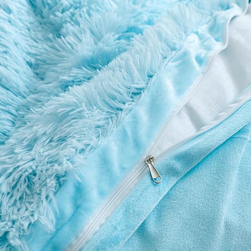 Miniatura 7 de Juego de funda de edredón azul esponjosa tamaño individual, juego de funda de edredón de piel sintética azul claro para cama individual de 2 piezas