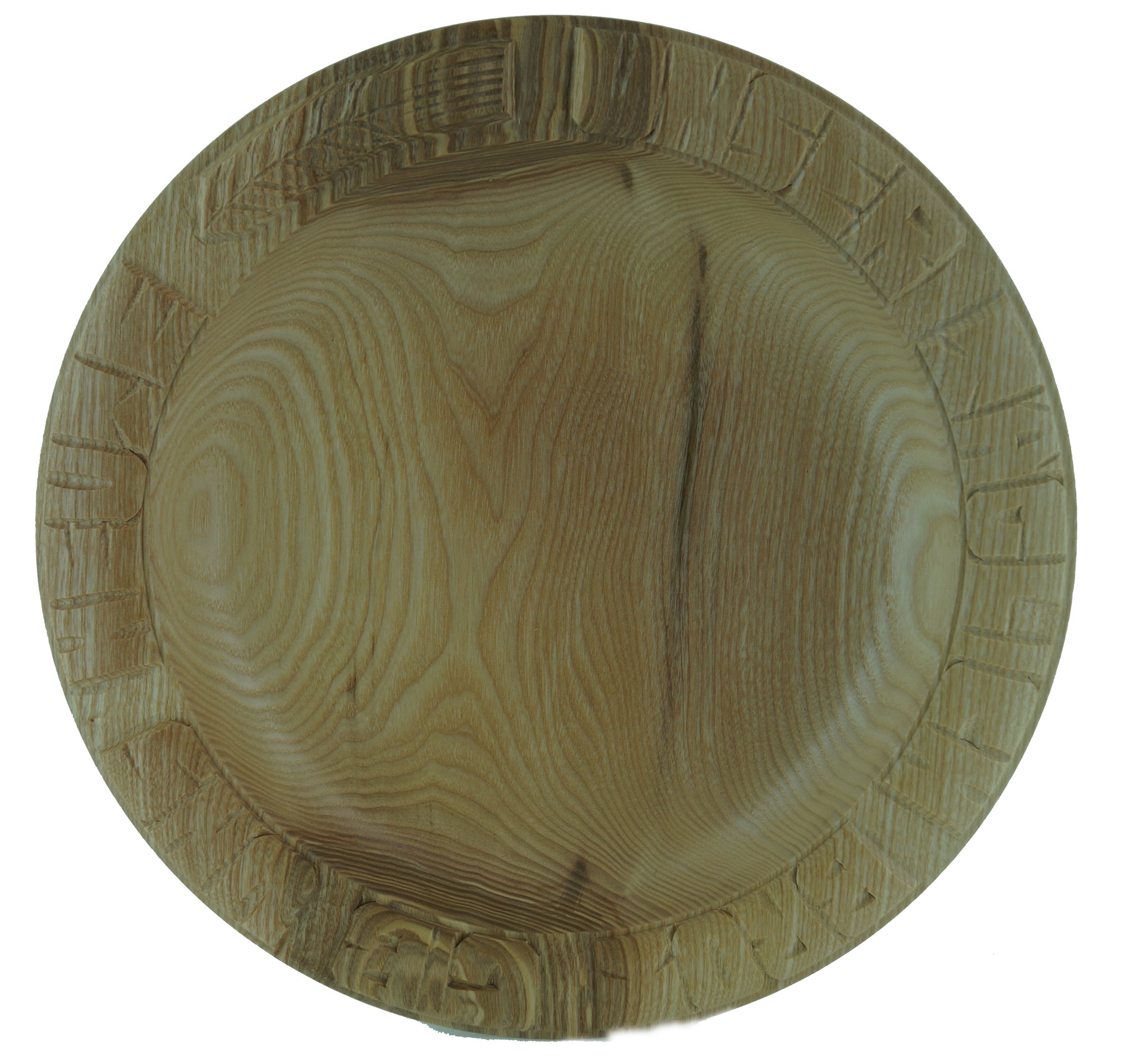 Brotteller: Brotteller aus Eschenholz 28-30 cm, Holzteller mit geschnitzter Schrift „ UNSER TÄGLICH Brot GIB Uns Heute“, Höhe des Tellers ca. 4-4,5 cm
