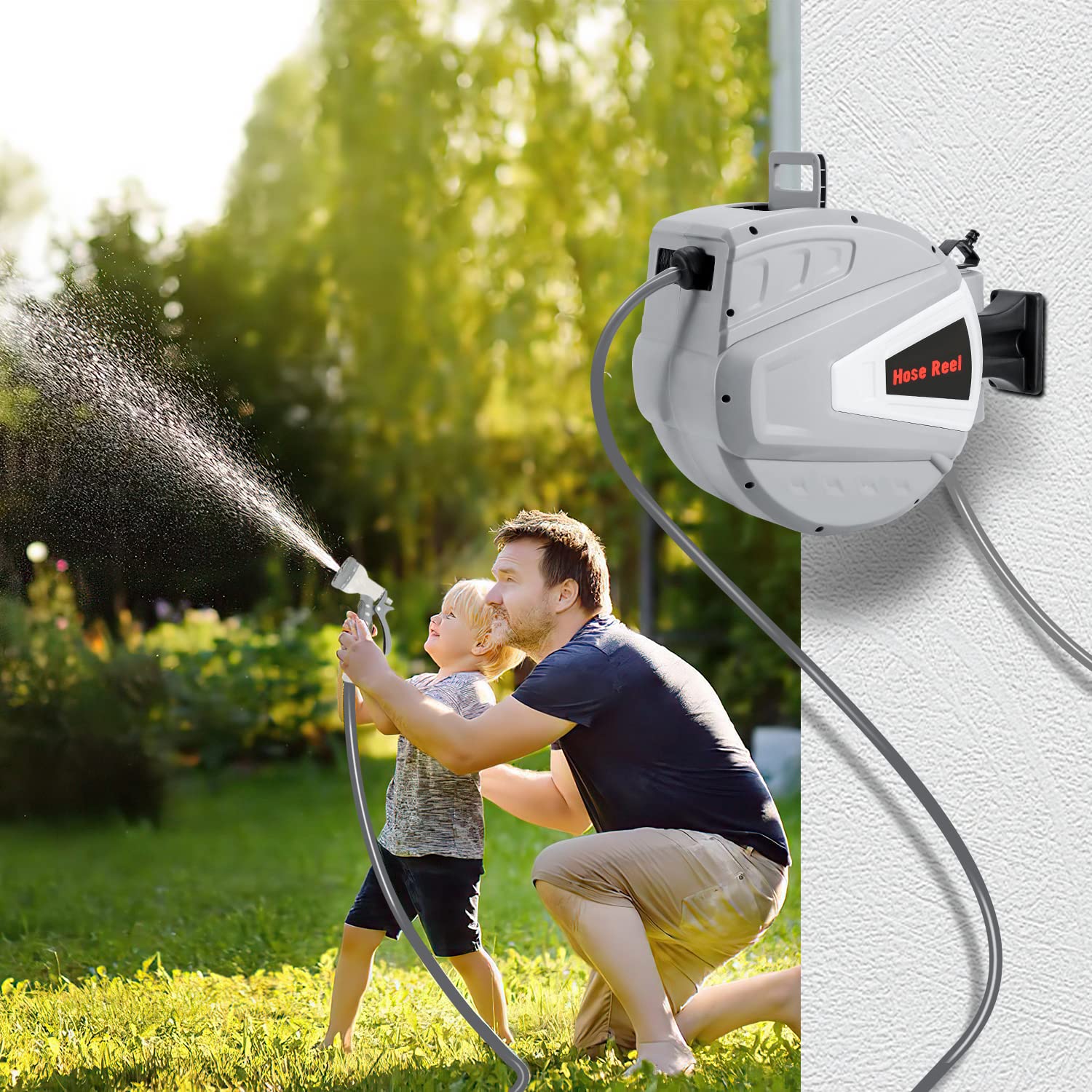 Avvolgitubo acqua 20 + 2 m con supporto a parete/doccetta manuale/materiale di montaggio, avvolgitubo automatico, tubo da giardino, scatola per irrigazione grigio