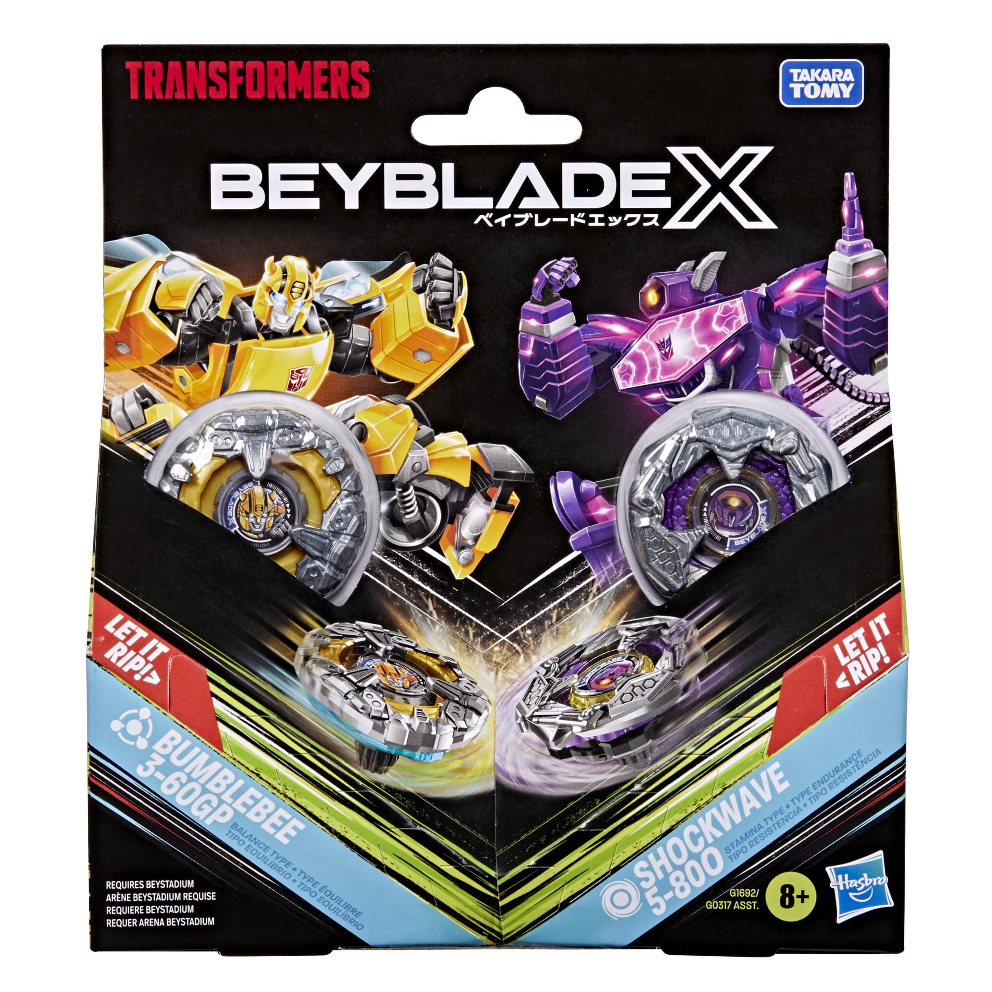 Colaboración Beyblade X and Transformers, Bumblebee 3-60GP vs. Shockwave 5-80O