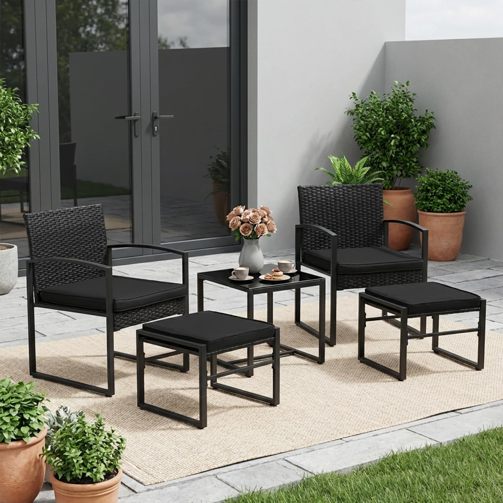 DazzlerE Patio Garden Furniture Sets, 5 Piece Rattan Garden Furniture Set, Bistro Garden Set with Adjustable Feet, Black, 2 Armchairs + 2 Footstools + 1 Table