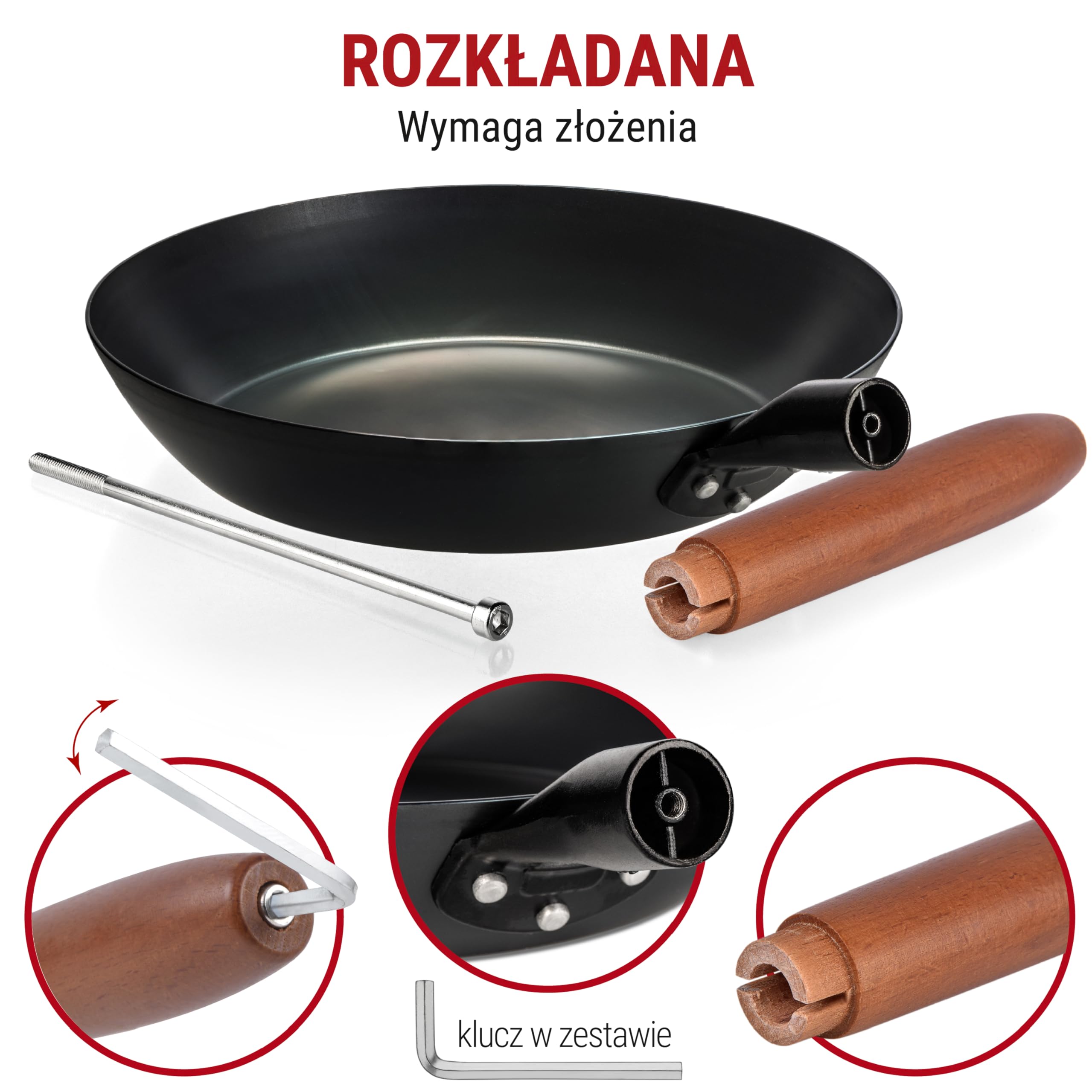 YOSUKATA Patelnia z Węglowej Stali Bez Powłoki z Odpinaną Drewnianą Rączką 26 cm – Odporna na Wysokie Temperatury, Do Indukcji i Zdrowego Gotowania - Patelnia do Smażenia na Wszystkich Typach Kuchenek