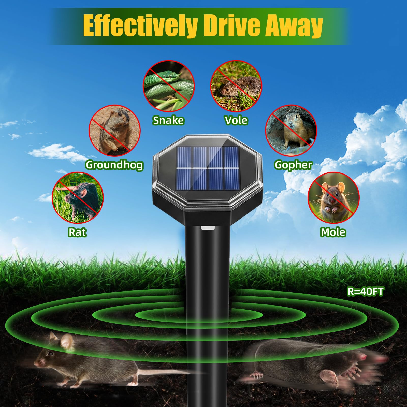Repellente per talpe, ad energia solare, confezione da 8 pezzi, per esterni, ad ultrasuoni, deterrente per talpe, arvicole, gopher, marmotta, armadillo
