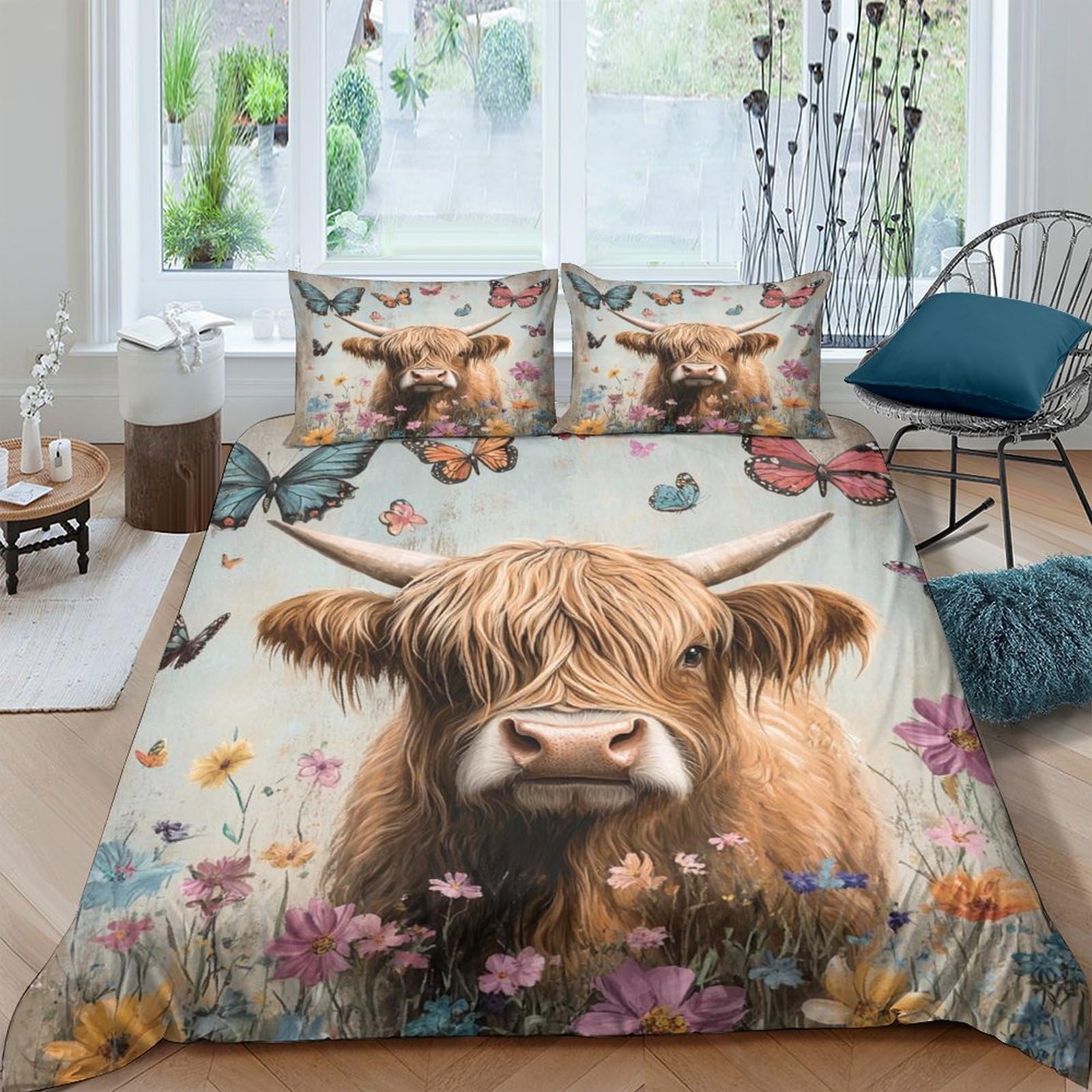 Ctjqhvkz Style-8 3D Printed Highland Cow Fitted Sheet Microfiber Floral Meadow Bed Cover For Bedroom Dorm Mattress Protection Decor Single（135X200cm）