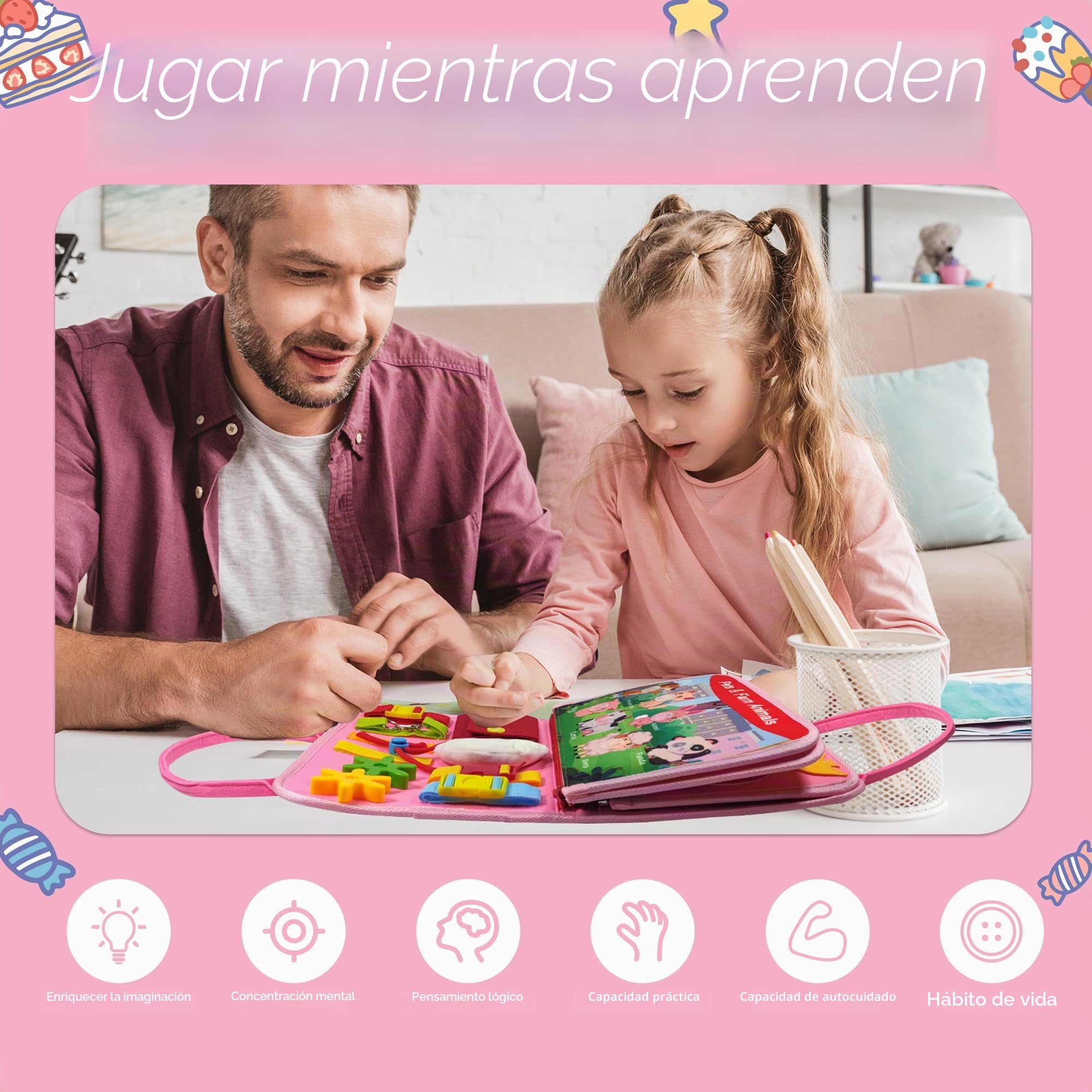 TenFans Busy Board - Juguetes Montessori para niños de 1, 2 y 3 años, Juguetes sensoriales para niños pequeños de 1 en adelante, Regalos para niñas Que aprenden Habilidades motoras Finas, Actividades