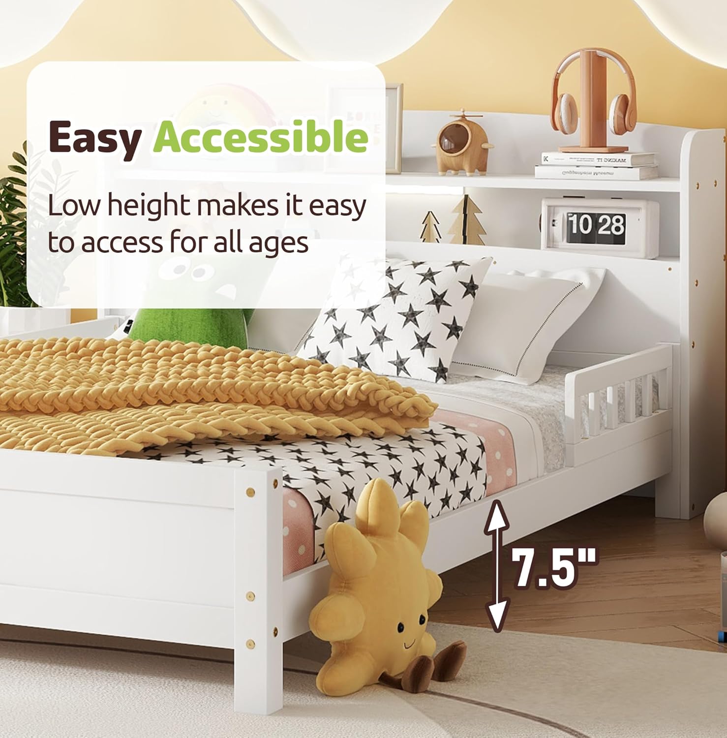Full Size Kids Bed Frame with LED and Storage Headboard, Wood Platform Bed with LED Motion Sensor Light and Detachable Rails, Low Full Bed Frames for Kids with Guardrails,White
